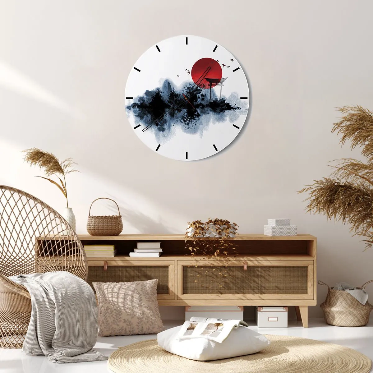 Wandklok - Klok - Een rode zonnebal en een Japanse toriipoort boven het water - 30x30cm - Japanse weergave - Moderne wanddecoratie voor woonkamer, keuken en slaapkamer ARTTOR