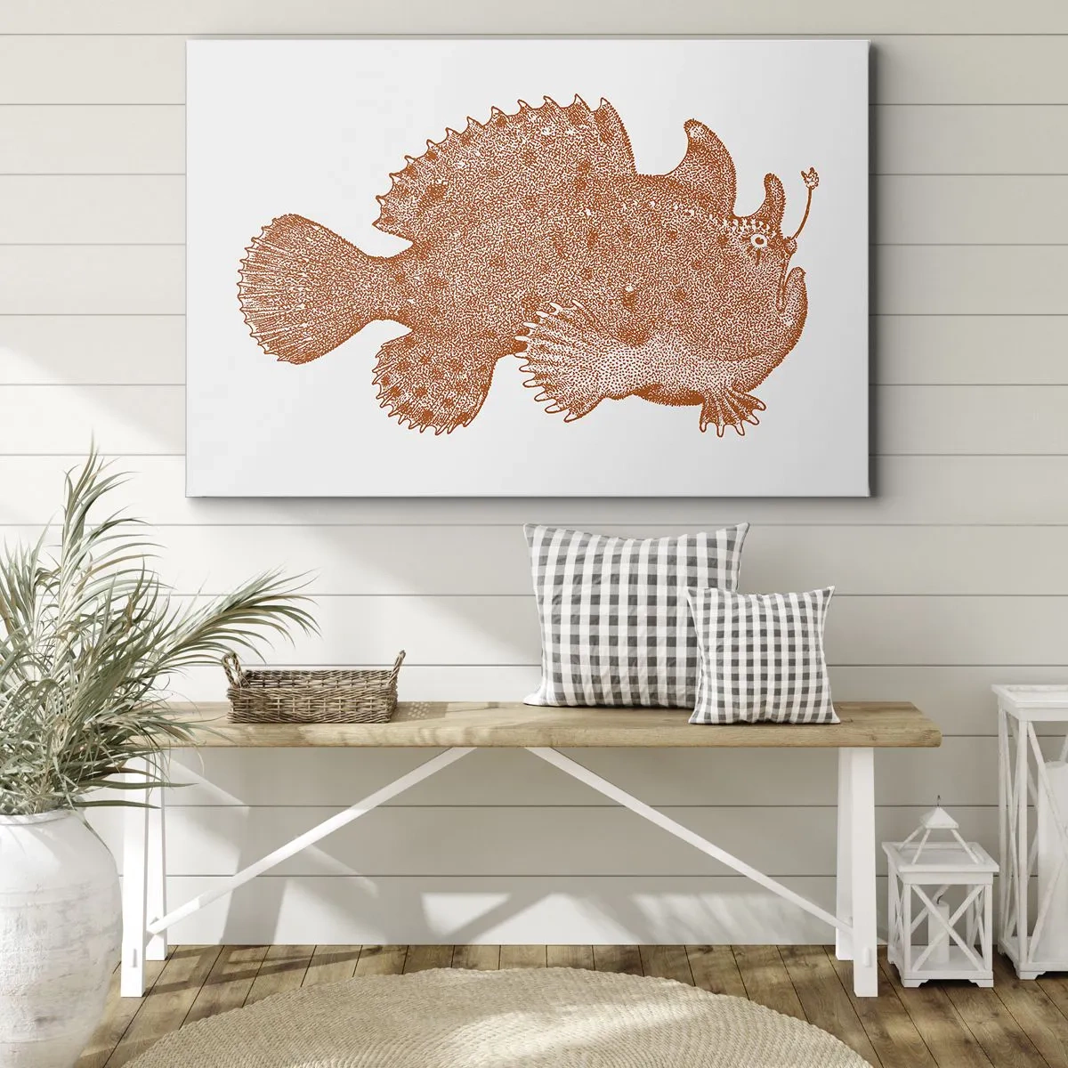 Schilderen op canvas - Gedetailleerde tekening van een koperkleurige vis op een witte achtergrond - 70x50cm - En toch een vis - Moderne wanddecoratie voor woonkamer en slaapkamer ARTTOR