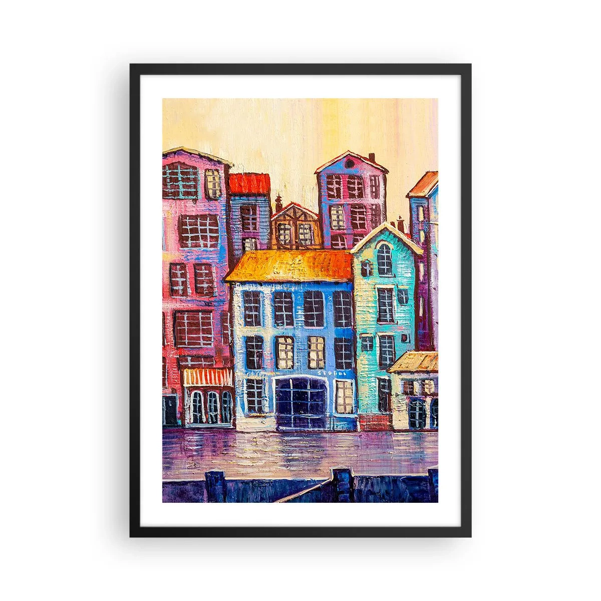 Poster in een zwarte lijst - Kleurrijke huurkazernes aan het water in schilderachtige stijl - 50x70cm - Een stad als uit een sprookje - Moderne wanddecoratie voor woonkamer en slaapkamer ARTTOR