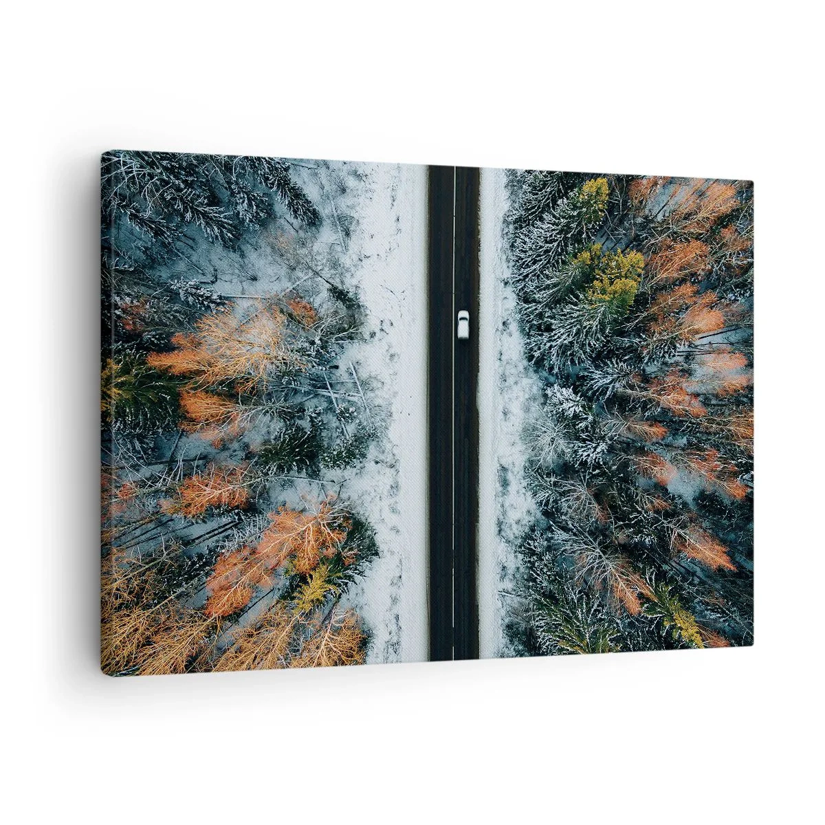 Schilderen op canvas - Een weg door een winterbos gezien vanuit vogelperspectief - 70x50cm - Snijd door het winterbos - Moderne wanddecoratie voor woonkamer en slaapkamer ARTTOR