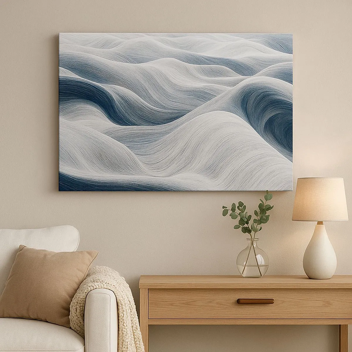 Schilderen op canvas - Golvende lijnen in tinten blauw en wit - 70x50cm - Witte en blauwe golven - Moderne wanddecoratie voor woonkamer en slaapkamer ARTTOR
