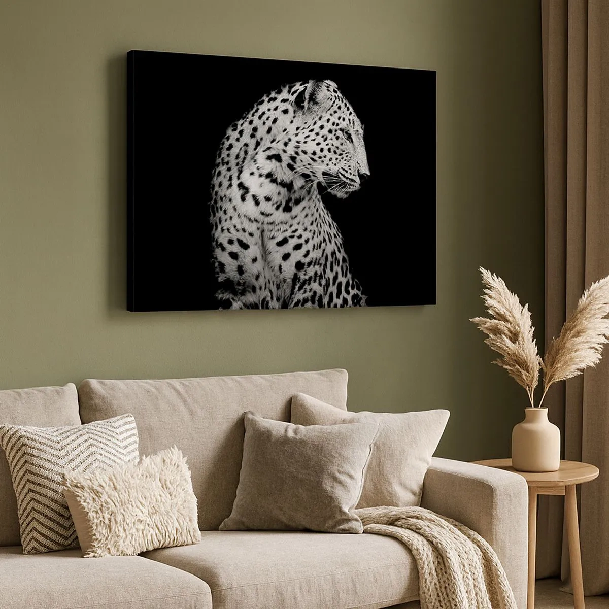 Schilderen op canvas - Zwart-wit afbeelding van een luipaard op een zwarte achtergrond - 70x50cm - Juist profiel perfect! - Moderne wanddecoratie voor woonkamer en slaapkamer ARTTOR