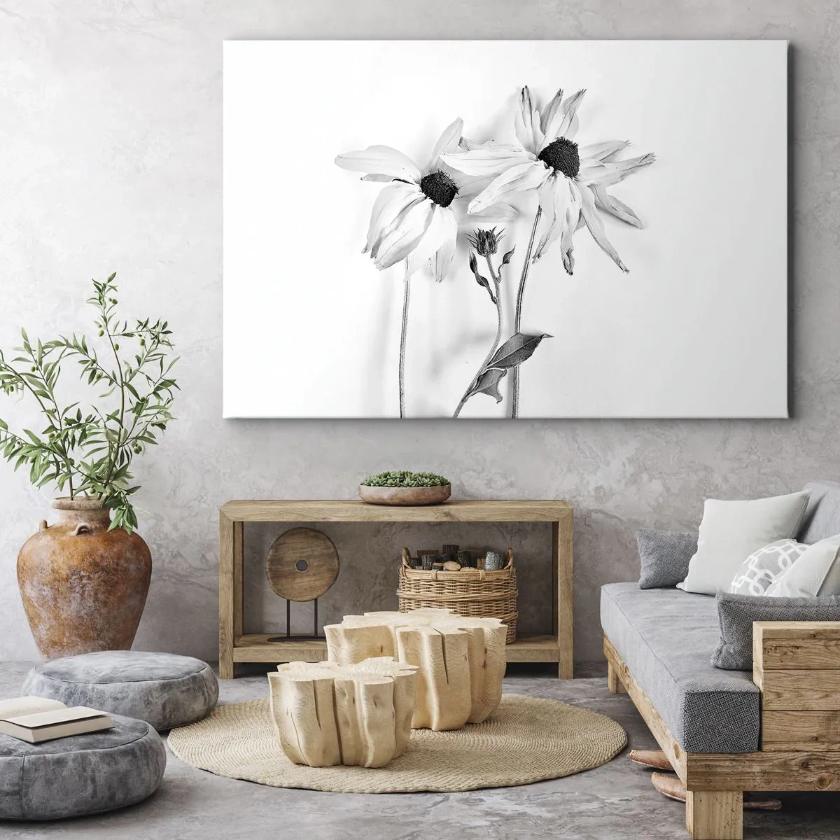 Schilderen op canvas - Zwart-witte bloemen met een subtiele compositie - 70x50cm - Niemand wil alleen zijn - Moderne wanddecoratie voor woonkamer en slaapkamer ARTTOR