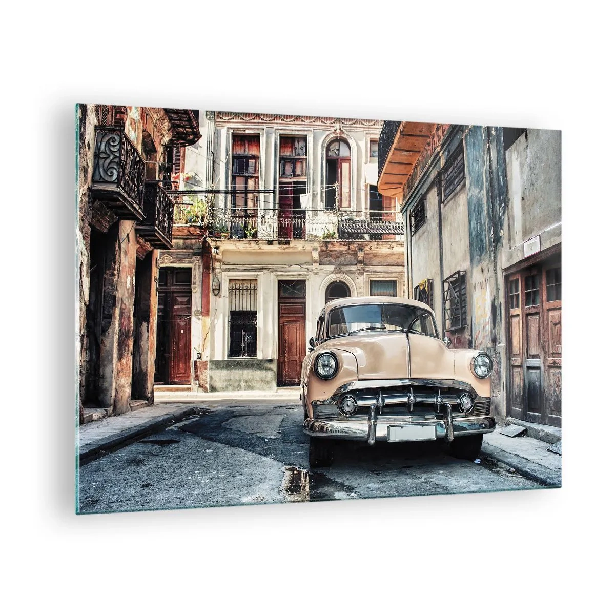 Schilderen op glas - Retro-auto op straat in de oude stad - 70x50cm - De siësta in Havana - Moderne wanddecoratie voor woonkamer en slaapkamer ARTTOR