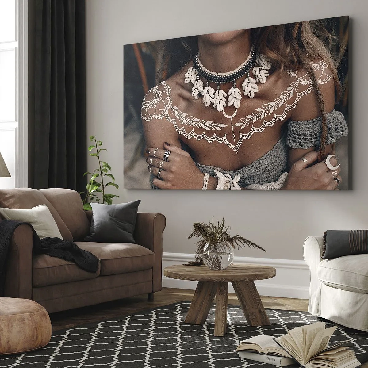 Schilderen op canvas - Boho-stijl met schelpensieraden en een kantpatroon - 70x50cm - Talismannen, rituelen van vrouwelijkheid - Moderne wanddecoratie voor woonkamer en slaapkamer ARTTOR
