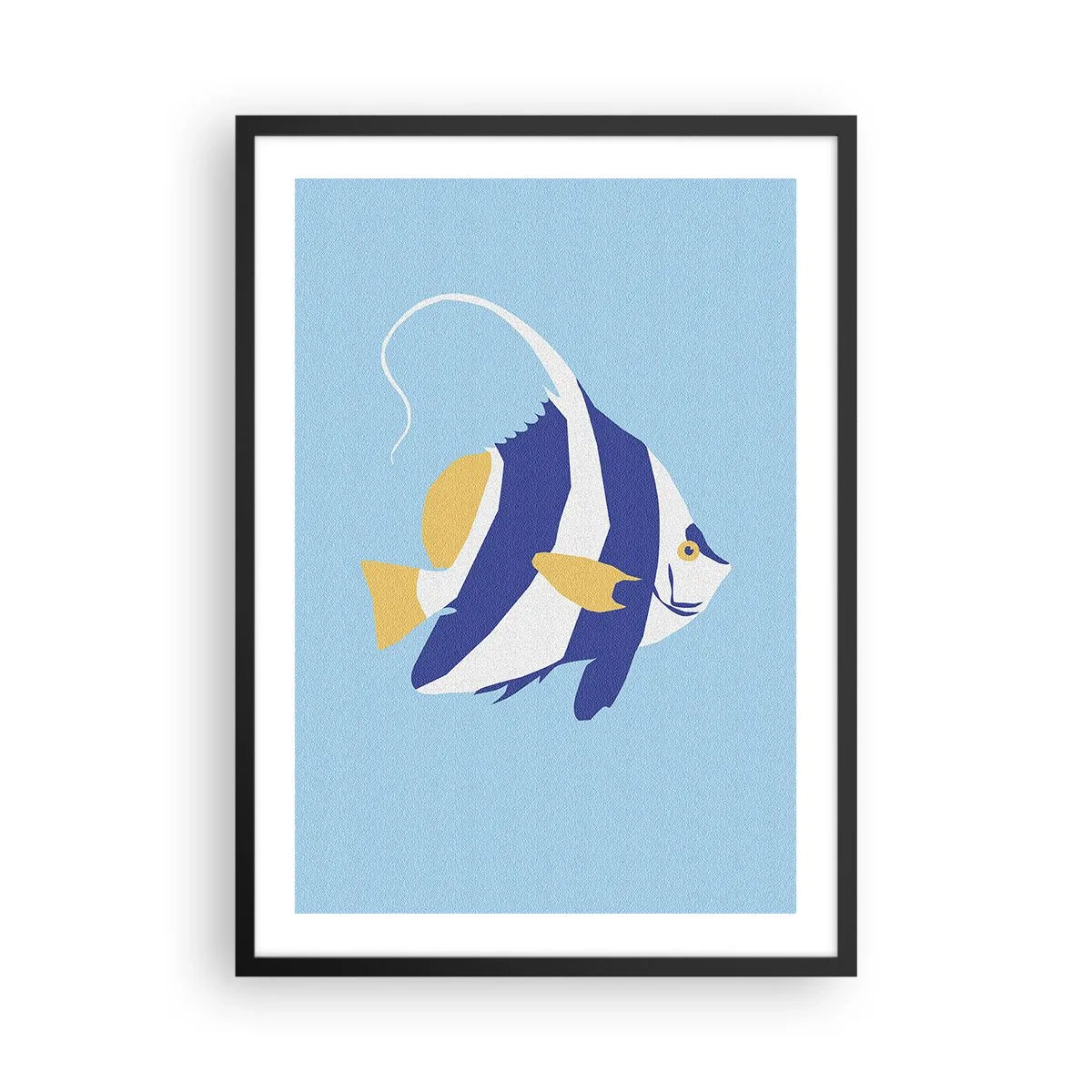 Poster in een zwarte lijst - Een minimalistische afbeelding van een exotische vis op een blauwe achtergrond. - 50x70cm - Miss tropische wateren - Moderne wanddecoratie voor woonkamer en slaapkamer ARTTOR