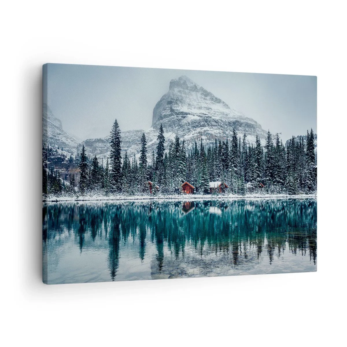 Schilderen op canvas - Winterlandschap met huisjes in het bos bij een bevroren meer - 70x50cm - Canadese stilte - Moderne wanddecoratie voor woonkamer en slaapkamer ARTTOR