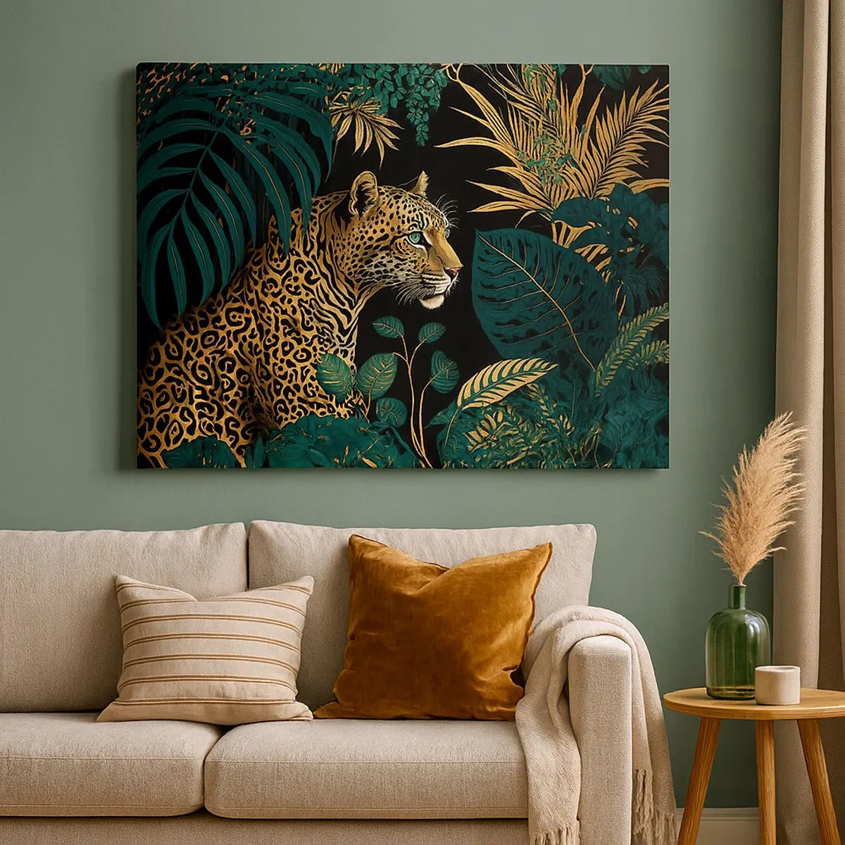 Schilderen op canvas - Luipaard in tropische bladeren op een zwarte achtergrond - 70x50cm - Een gastheer in de jungle - Moderne wanddecoratie voor woonkamer en slaapkamer ARTTOR