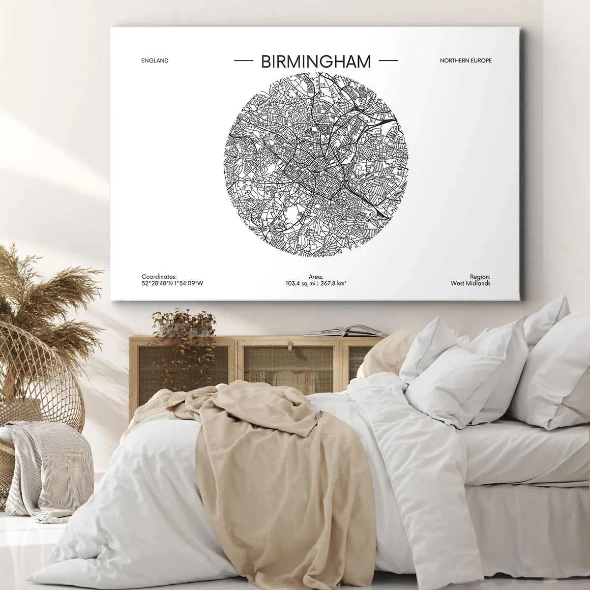 Schilderen op canvas - Een minimalistische zwart-witkaart van Birmingham met nauwkeurige details. - 70x50cm - Anatomie van Birmingham - Moderne wanddecoratie voor woonkamer en slaapkamer ARTTOR