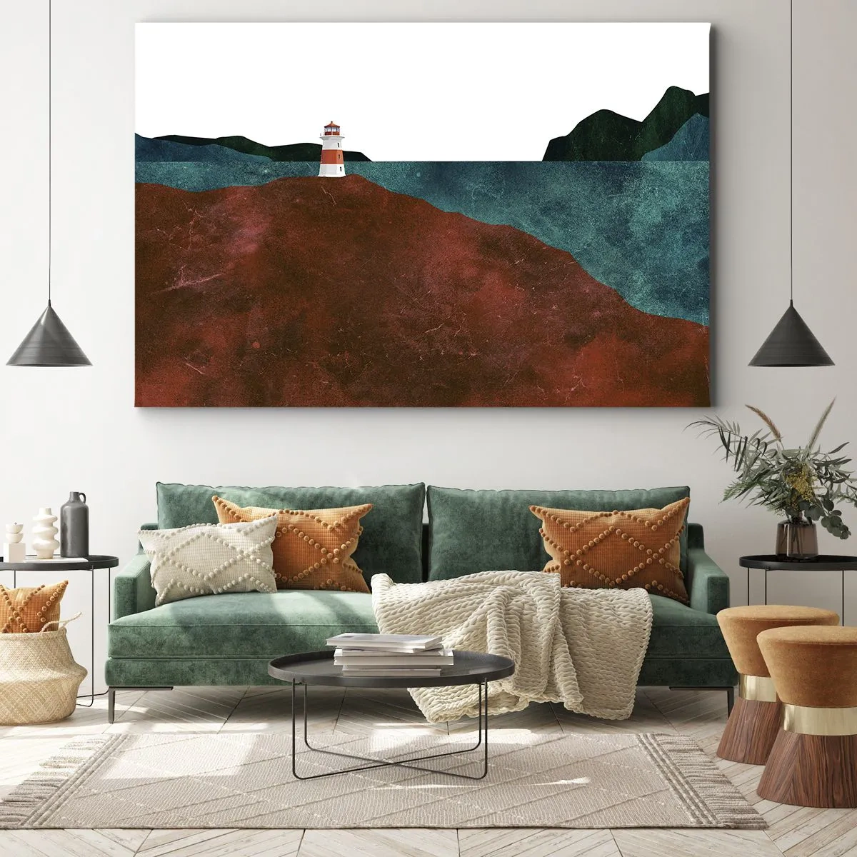 Schilderen op canvas - Een vuurtoren tegen de achtergrond van bergen en de zee - 70x50cm - Starend naar de zee - Moderne wanddecoratie voor woonkamer en slaapkamer ARTTOR