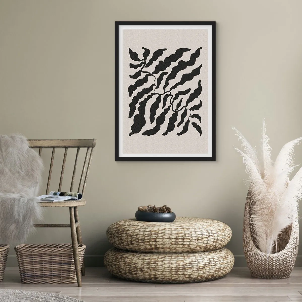 Poster in een zwarte lijst - Abstracte plantencompositie in zwart op een beige achtergrond - 50x70cm - Natuur van een vierkant - Moderne wanddecoratie voor woonkamer en slaapkamer ARTTOR