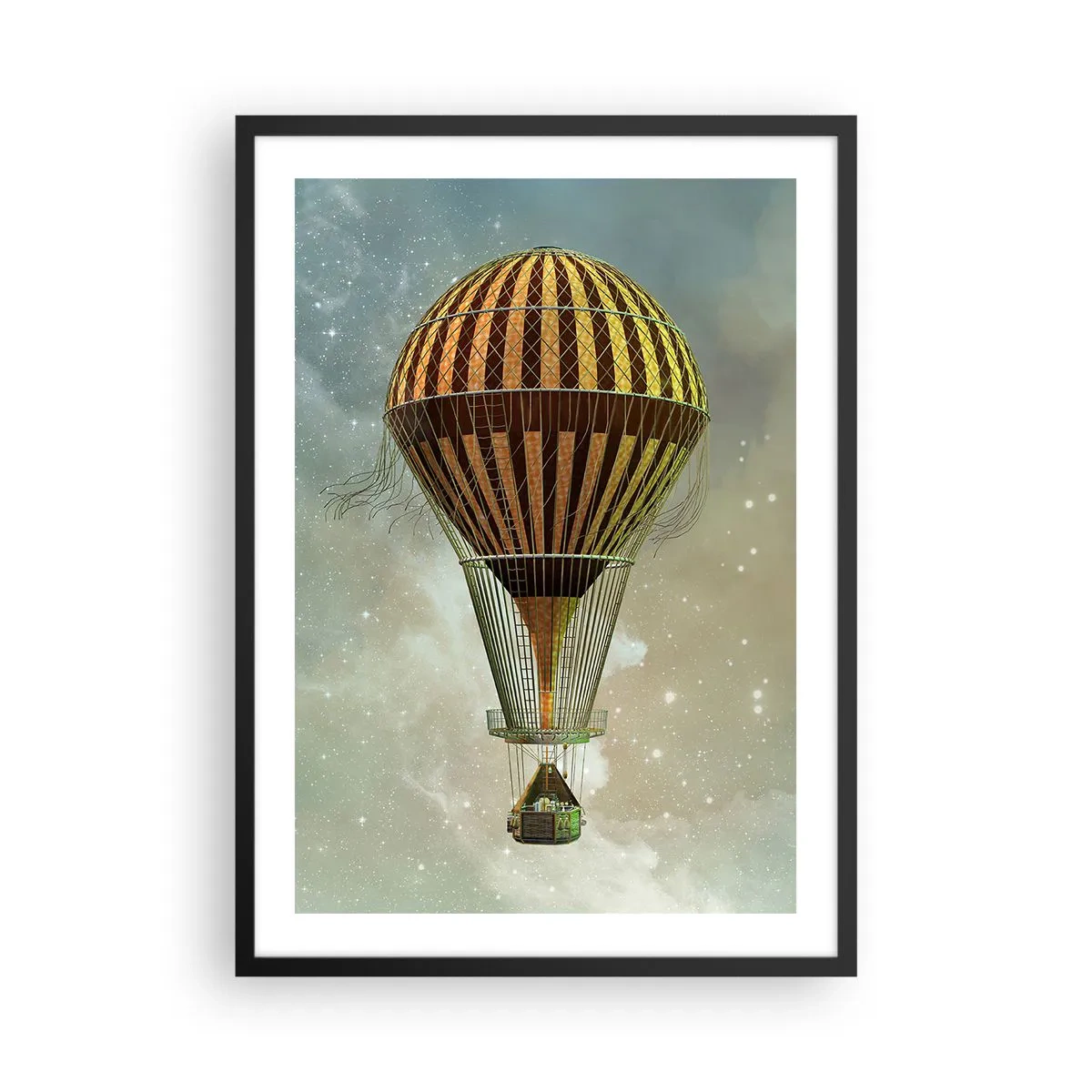 Poster in een zwarte lijst - Een gouden ballon die in de ruimte zweeft - 50x70cm - Baanbrekende vluchten - Moderne wanddecoratie voor woonkamer en slaapkamer ARTTOR