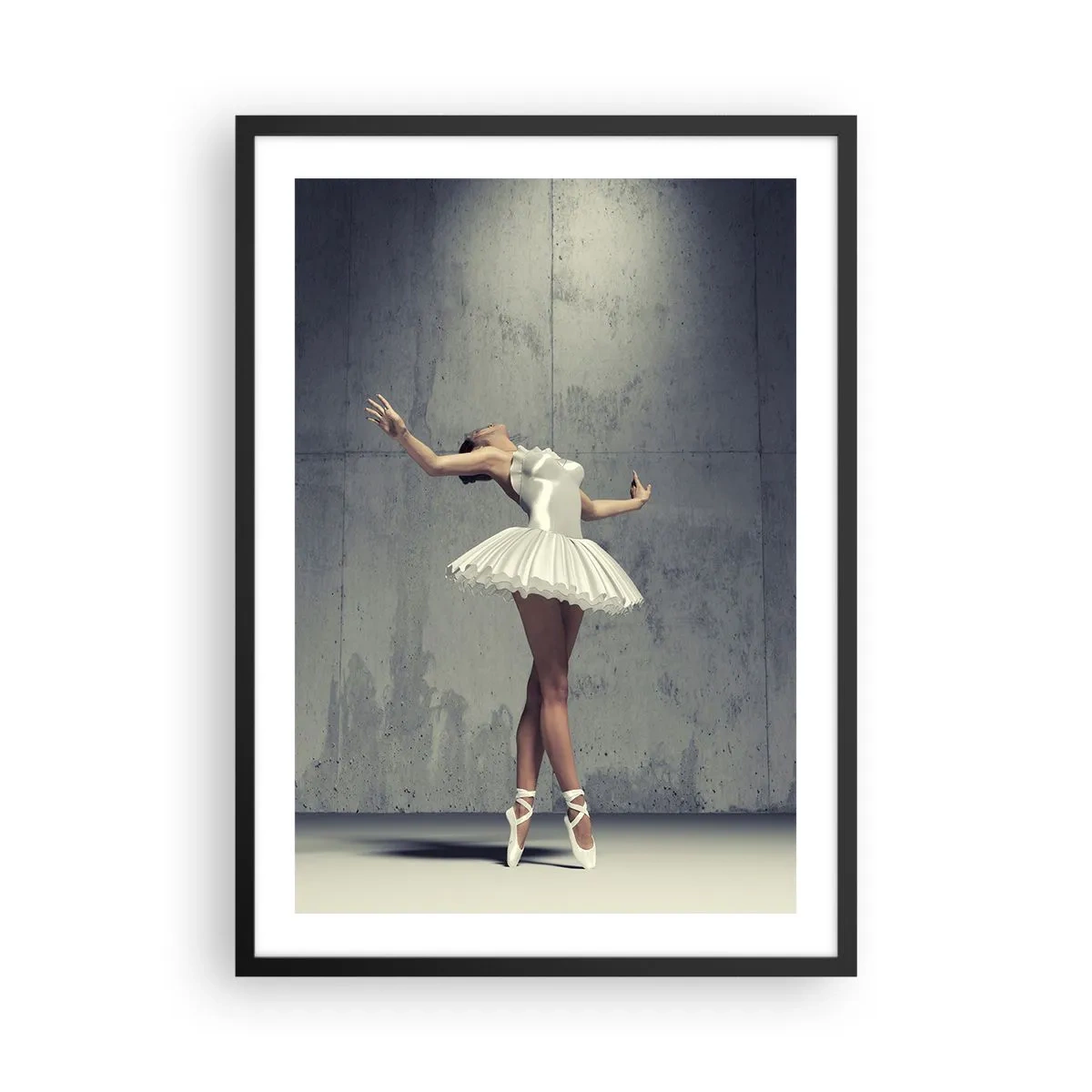 Poster in een zwarte lijst - Een ballerina in een witte jurk tegen de achtergrond van een ruwe betonnen muur. - 50x70cm - Licht als een vogel - Moderne wanddecoratie voor woonkamer en slaapkamer ARTTOR