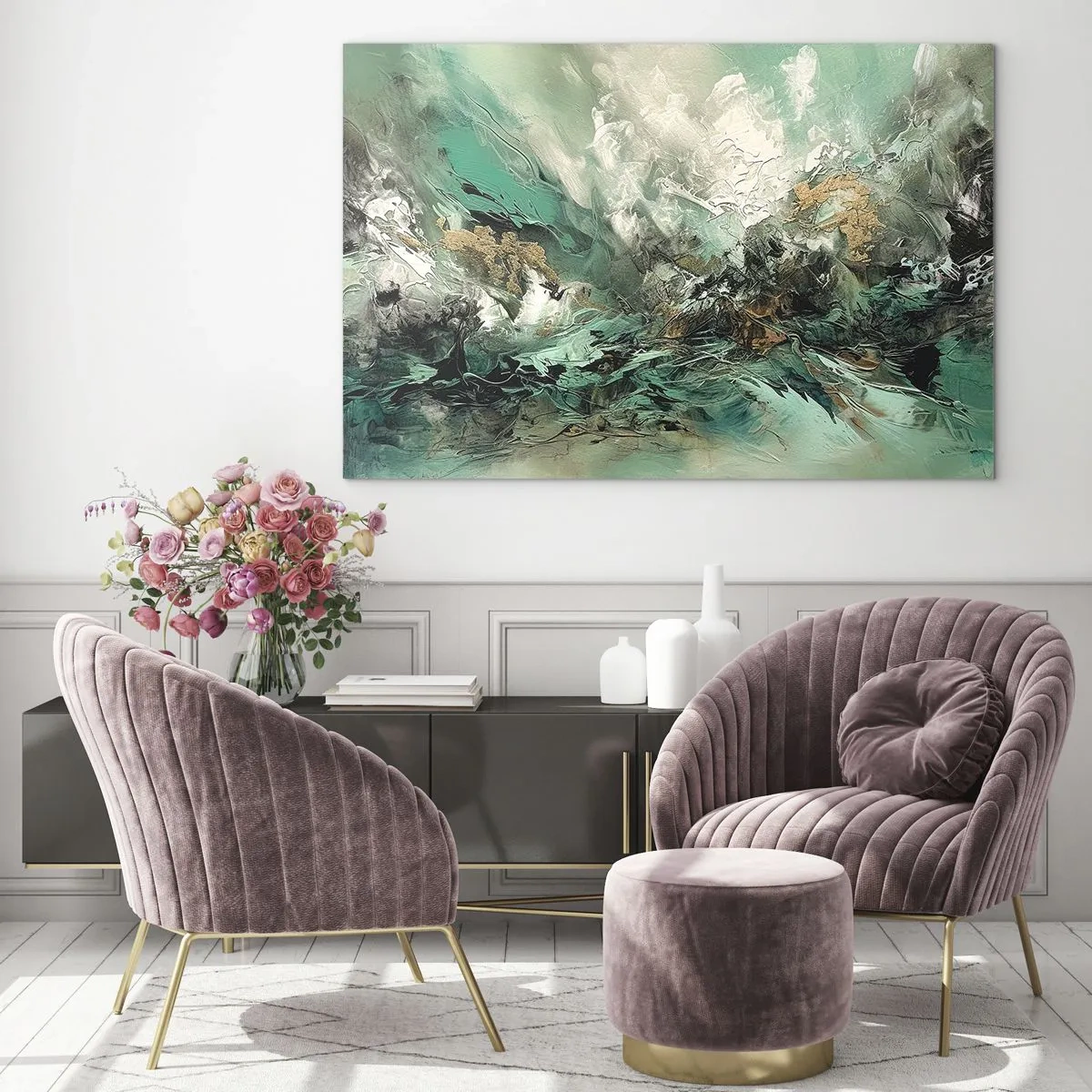 Schilderen op glas - Een abstracte compositie in tinten smaragdgroen, zwart en wit. - 70x50cm - Emerald en zwarte branding - Moderne wanddecoratie voor woonkamer en slaapkamer ARTTOR