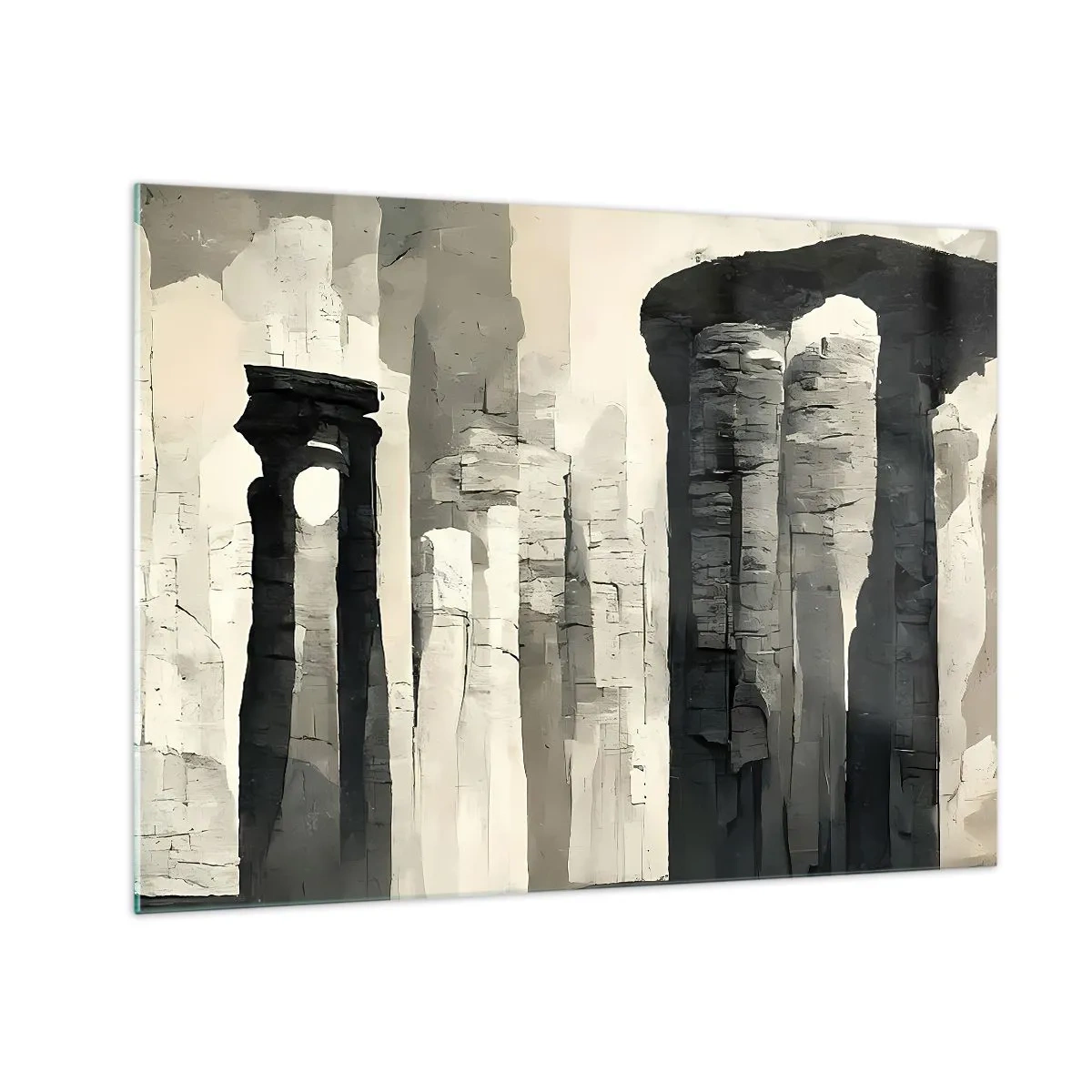 Schilderen op glas - Antieke stenen zuilen in een neutraal kleurenpalet - 70x50cm - De majesteit van de oudheid - Moderne wanddecoratie voor woonkamer en slaapkamer ARTTOR