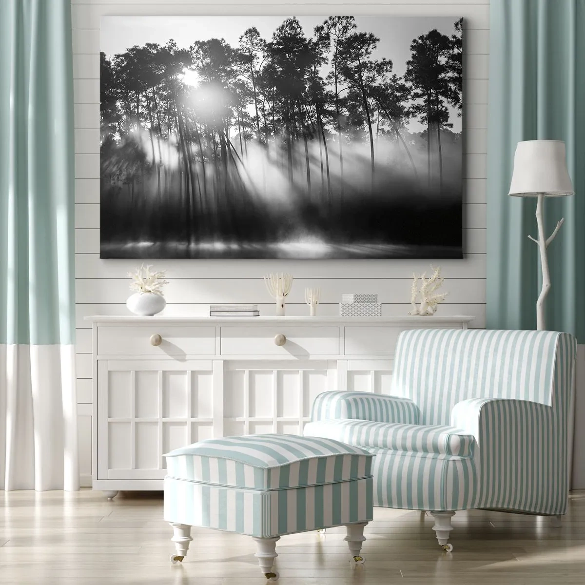 Schilderen op canvas - Zwart-wit bos in de ochtendmist - 70x50cm - Niet te stoppen zon - Moderne wanddecoratie voor woonkamer en slaapkamer ARTTOR