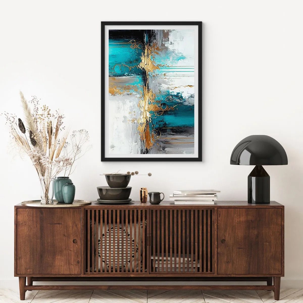 Poster in een zwarte lijst - Een abstracte compositie in tinten turquoise en goud. - 50x70cm - Alles vloeit - Moderne wanddecoratie voor woonkamer en slaapkamer ARTTOR