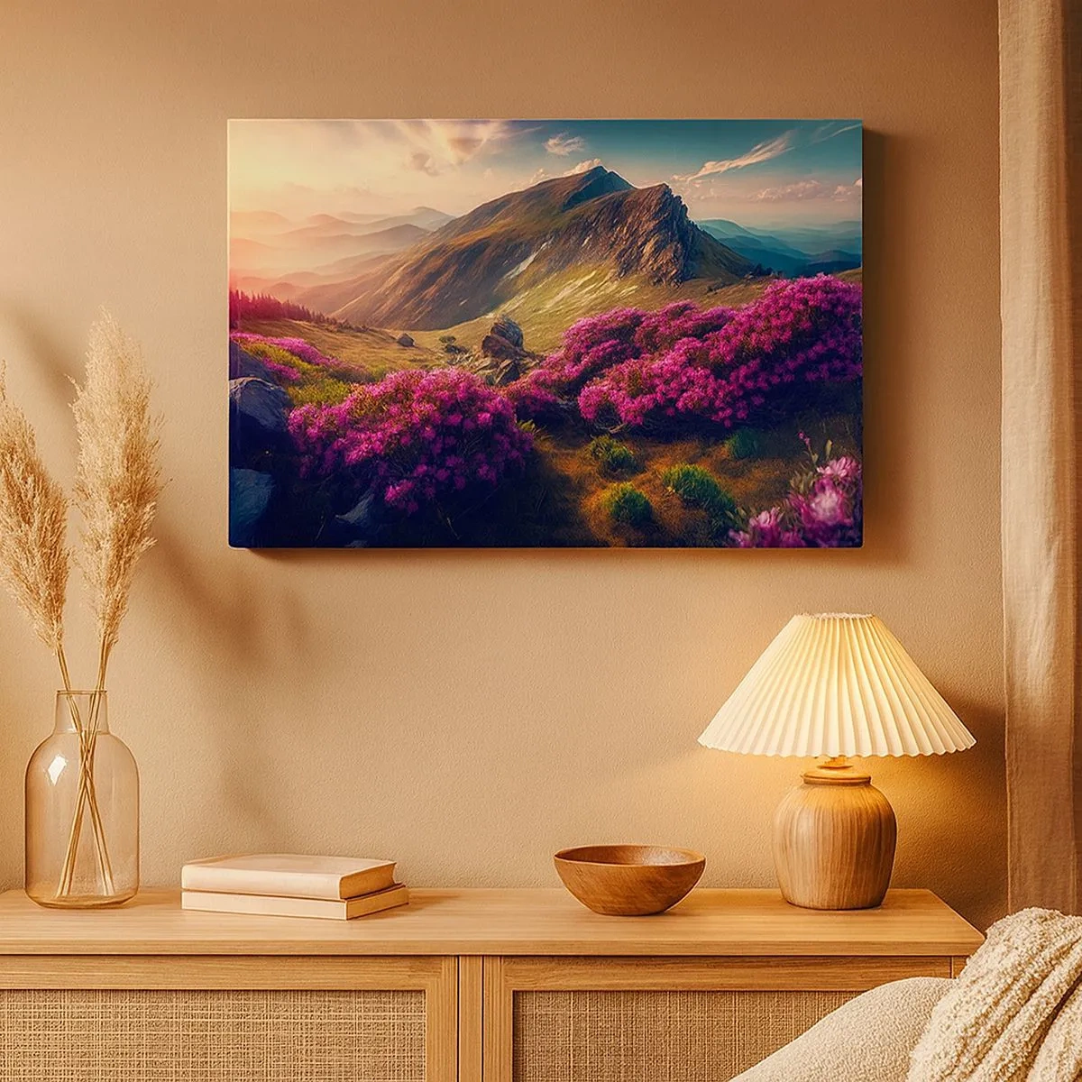 Schilderen op canvas - Berglandschap met bloeiende rododendrons - 70x50cm - Zomer in de bergen - Moderne wanddecoratie voor woonkamer en slaapkamer ARTTOR