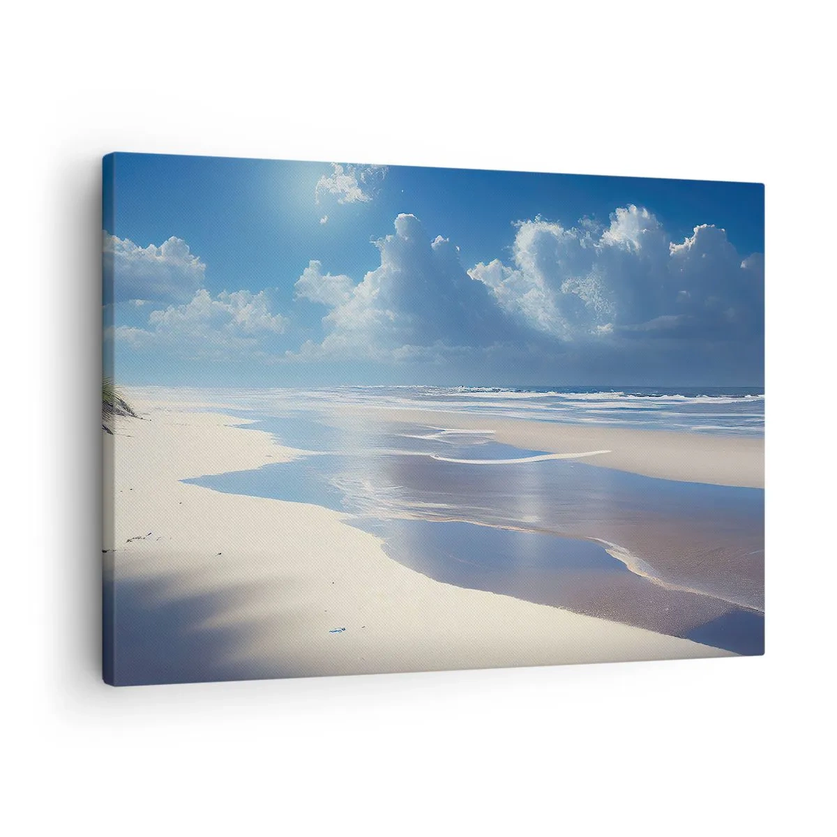 Schilderen op canvas - Een zandstrand met golven onder een blauwe lucht - 70x50cm - Paradijselijke vakantie - Moderne wanddecoratie voor woonkamer en slaapkamer ARTTOR