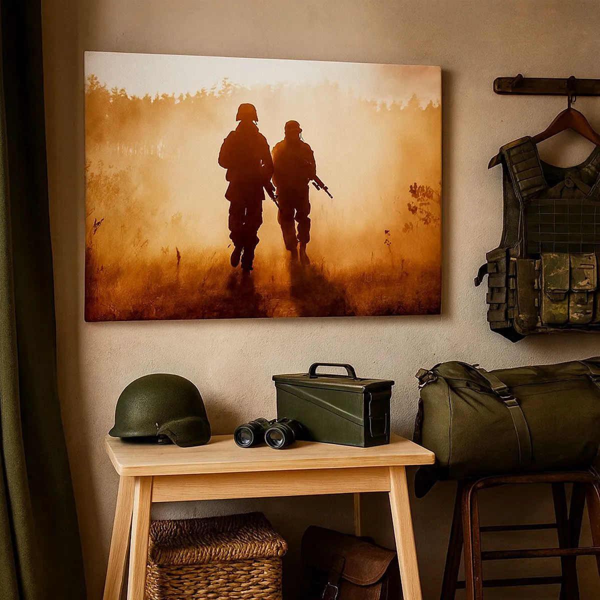 Schilderen op canvas - Soldaten marcheren in de ochtendmist tegen een achtergrond van natuur - 70x50cm - Plicht - Moderne wanddecoratie voor woonkamer en slaapkamer ARTTOR