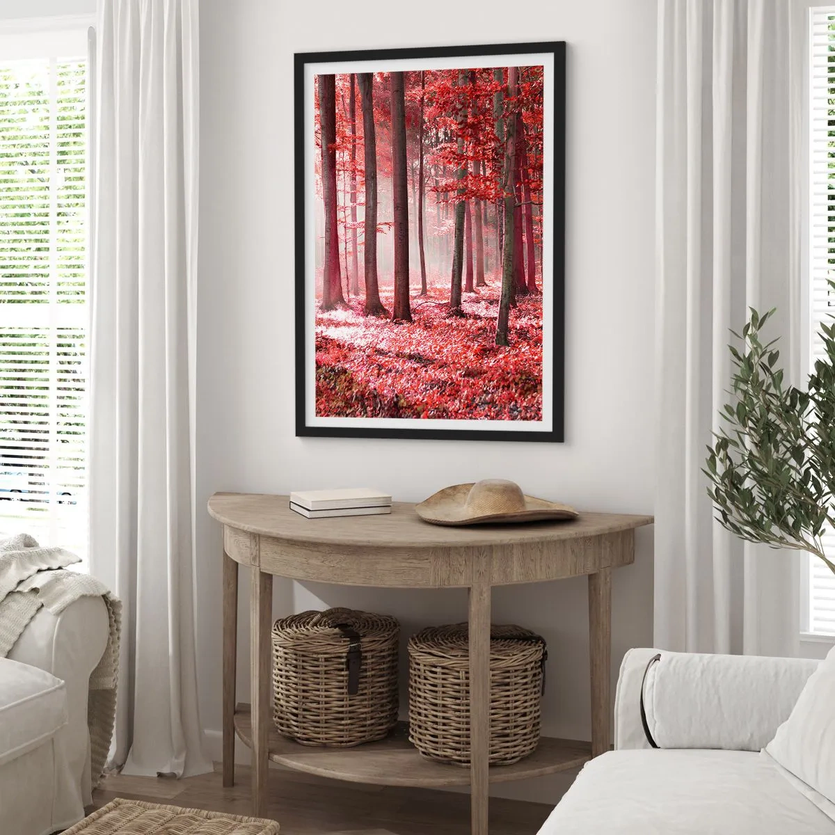 Poster in een zwarte lijst - Een bos met rode bladeren en mist in de ochtend - 50x70cm - Rood is net zo mooi - Moderne wanddecoratie voor woonkamer en slaapkamer ARTTOR