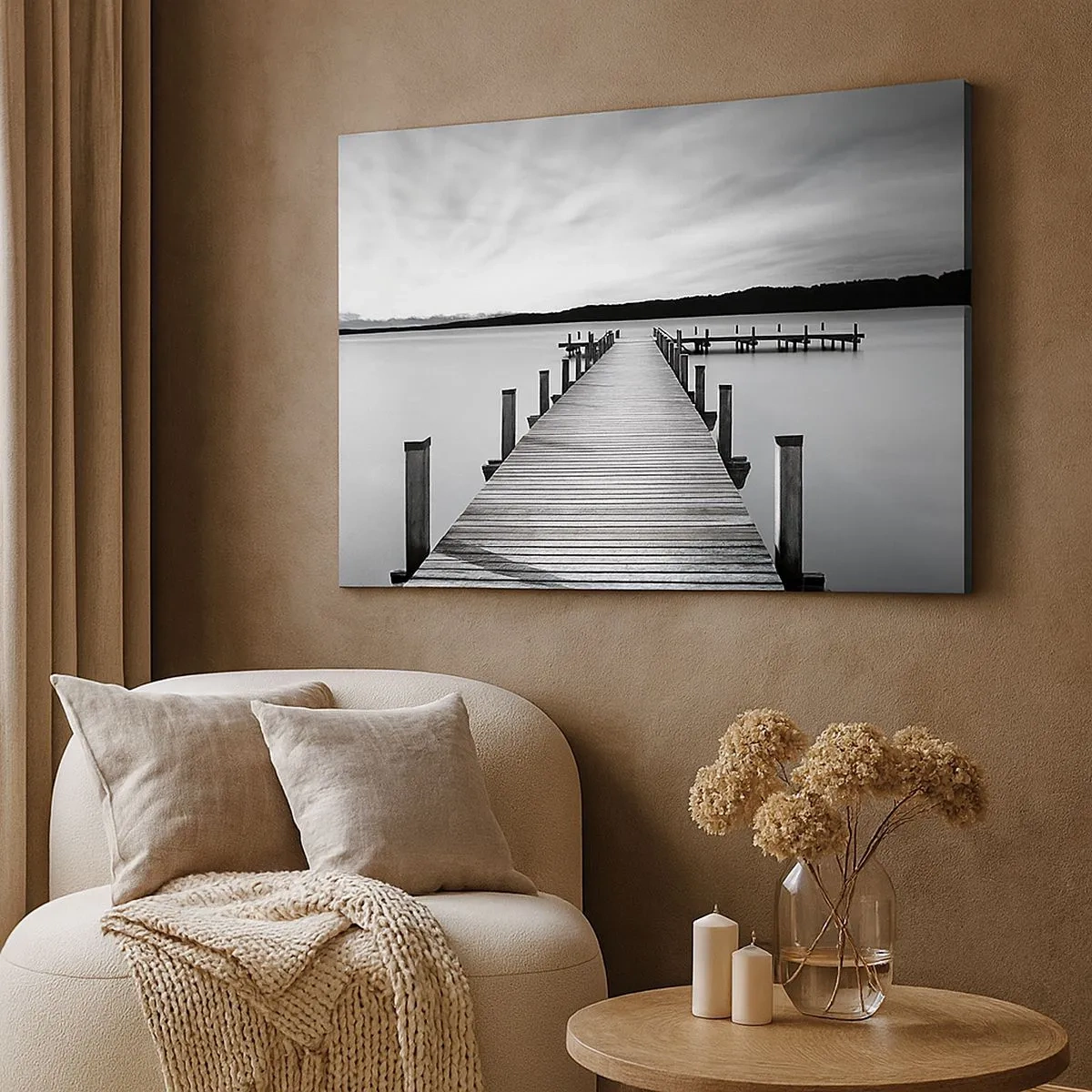 Schilderen op canvas - Een zwart-witte steiger op een kalm meer - 70x50cm - Bij de waterput - vrede - Moderne wanddecoratie voor woonkamer en slaapkamer ARTTOR