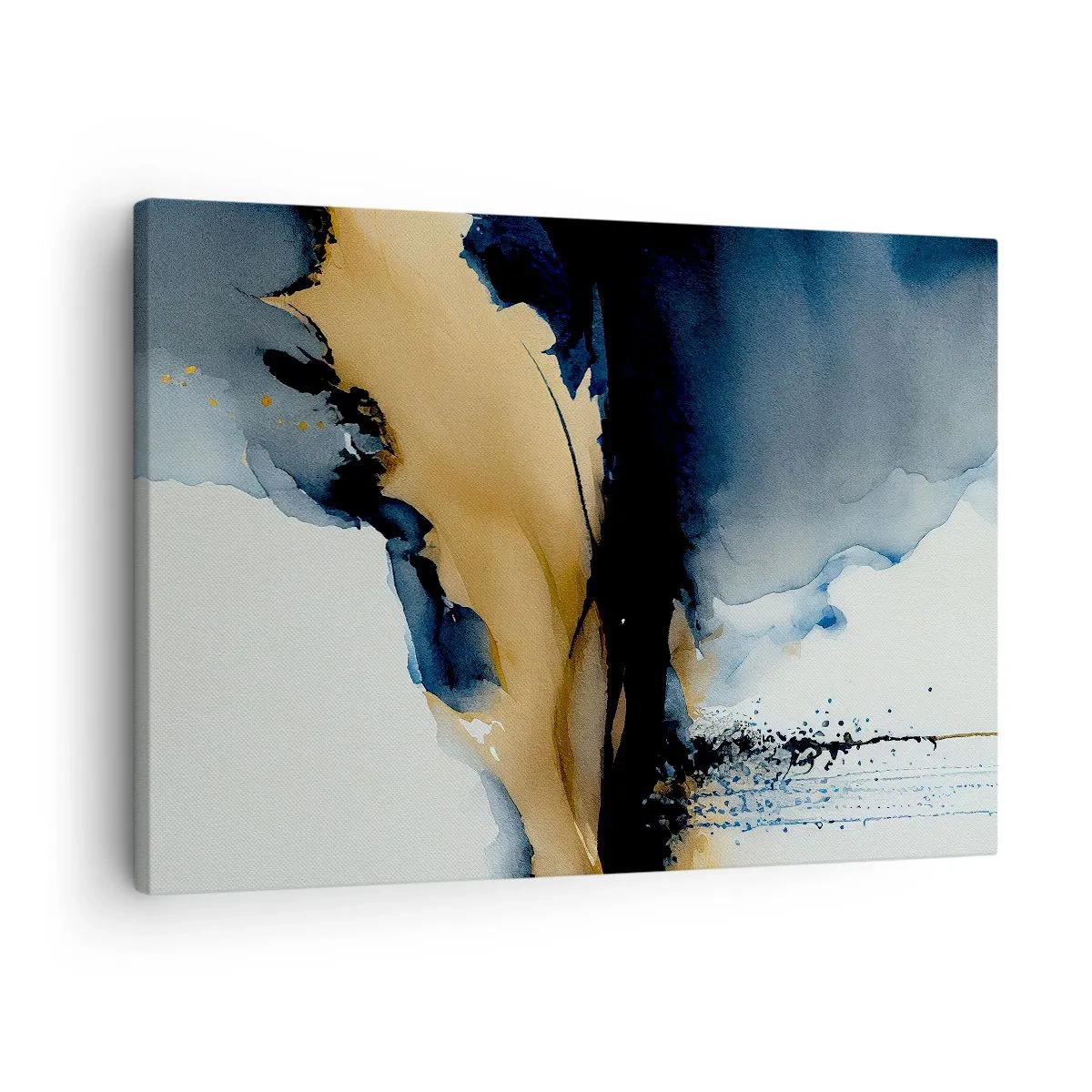 Schilderen op canvas - Een abstracte compositie in tinten marineblauw en goud - 70x50cm - Achter het gordijn - Moderne wanddecoratie voor woonkamer en slaapkamer ARTTOR