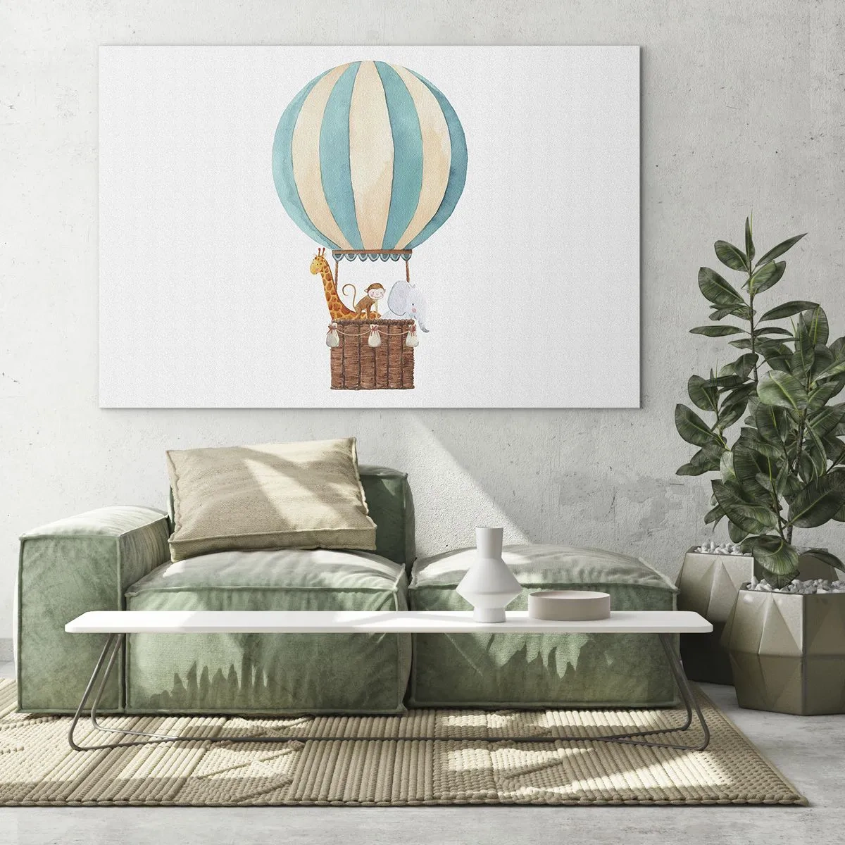 Schilderen op glas - Een ballon met een giraf, een aap en een olifant op een witte achtergrond - 70x50cm - Fantastische reis - Moderne wanddecoratie voor woonkamer en slaapkamer ARTTOR
