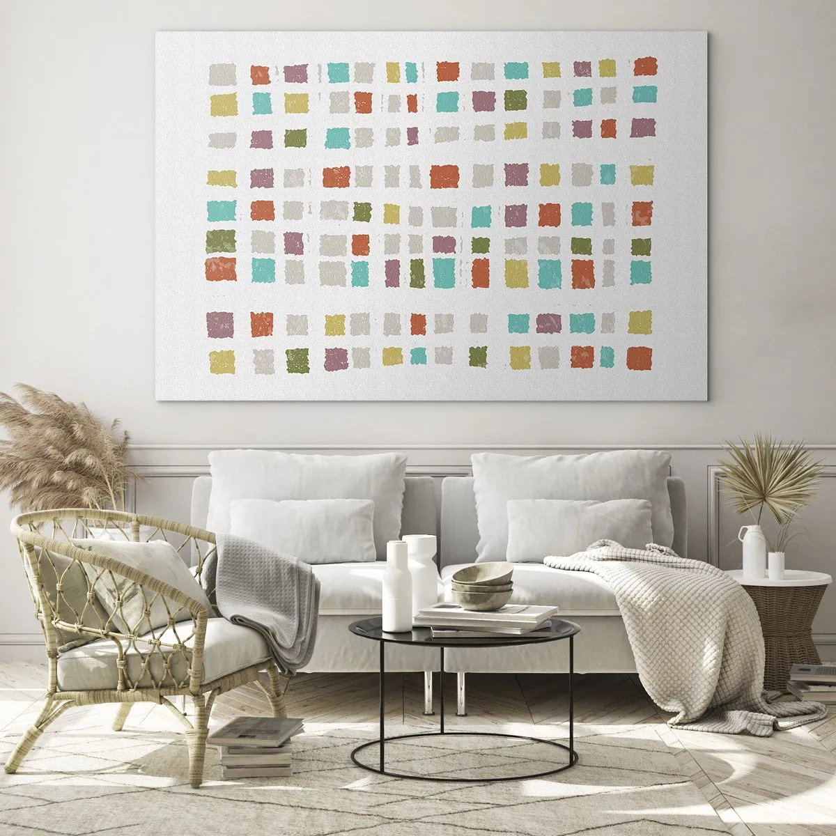 Schilderen op glas - Kleurrijke mozaïek van vierkanten op een witte achtergrond in een abstracte stijl - 70x50cm - Onbekend spel - Moderne wanddecoratie voor woonkamer en slaapkamer ARTTOR