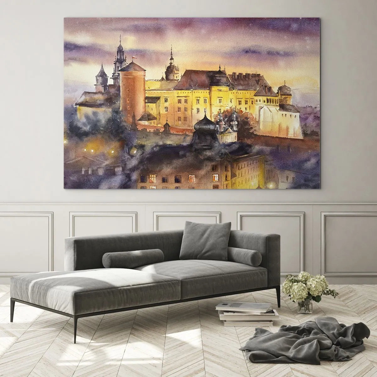 Schilderen op glas - Aquarelillustratie van een kasteel op een heuvel bij zonsondergang - 70x50cm - Geschiedenis en sprookje - Moderne wanddecoratie voor woonkamer en slaapkamer ARTTOR