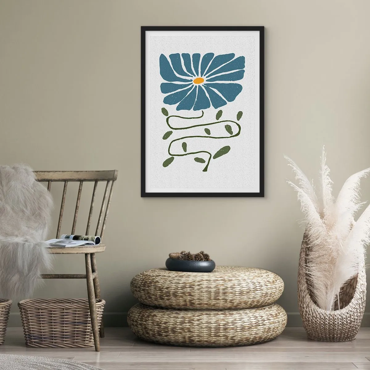Poster in een zwarte lijst - Een blauwe bloem met een kronkelende stengel op een lichte achtergrond - 50x70cm - Van een tak tot een bloem - Moderne wanddecoratie voor woonkamer en slaapkamer ARTTOR
