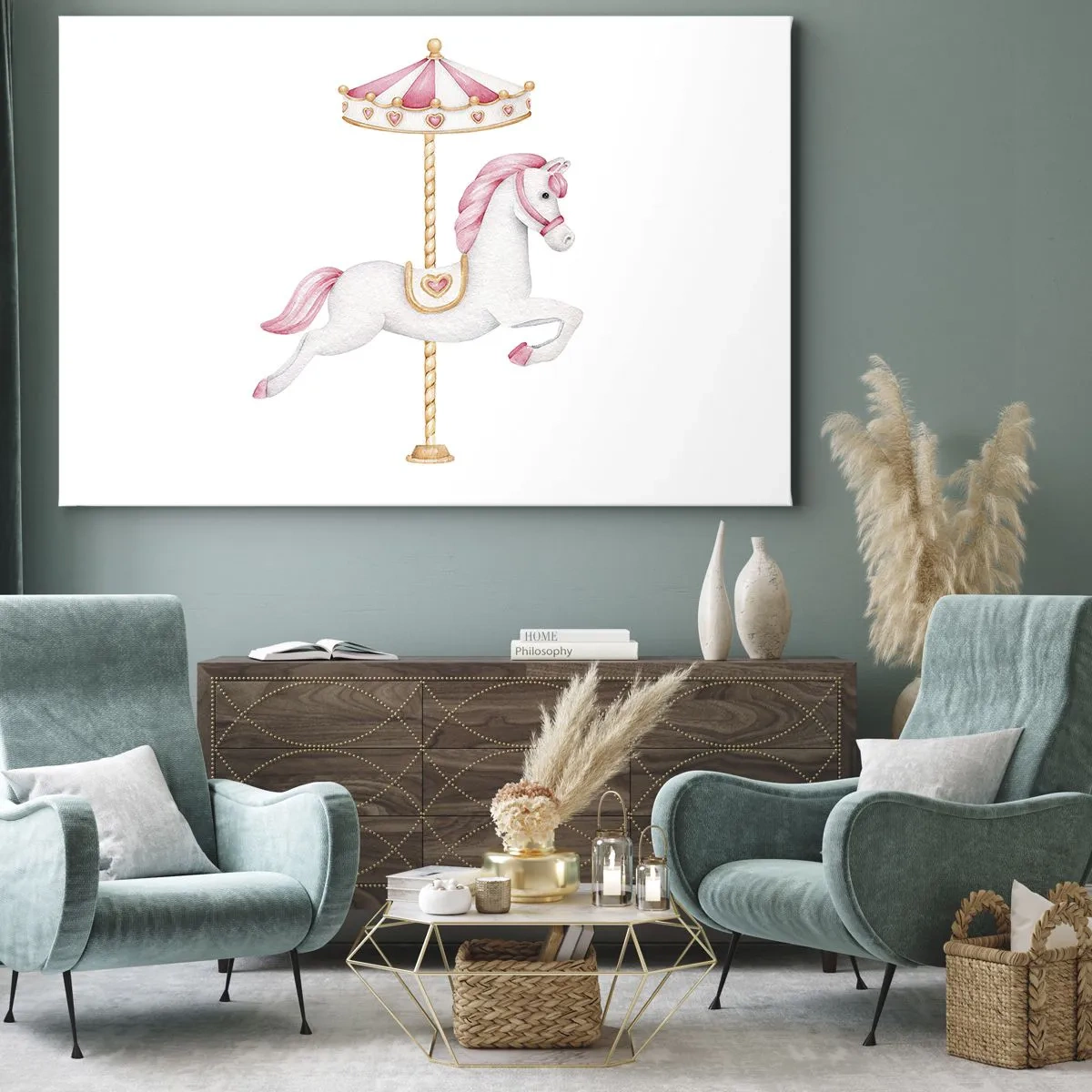 Schilderen op canvas - Een draaimolenpaard in pasteltinten roze - 70x50cm - Hij raakte de grond rennend - Moderne wanddecoratie voor woonkamer en slaapkamer ARTTOR