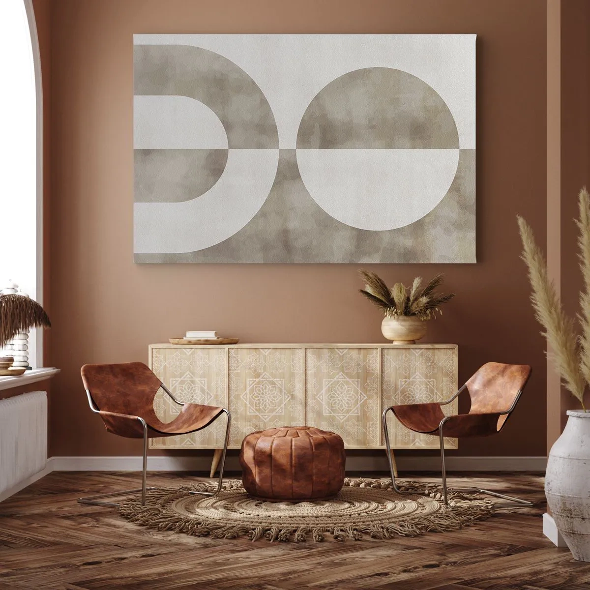 Schilderen op canvas - Een abstract schilderij in beige tinten met geometrische vormen en symmetrie. - 70x50cm - Gelijkenissen en verschillen - Moderne wanddecoratie voor woonkamer en slaapkamer ARTTOR