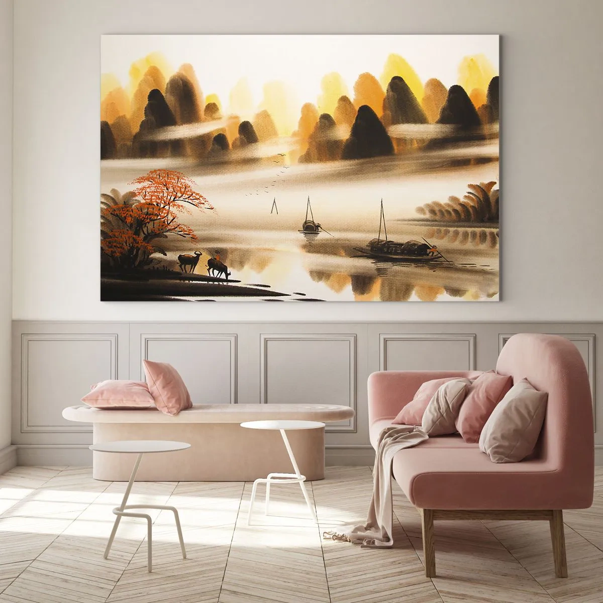 Schilderen op glas - Oosters landschap met boten en bergen in de mist - 70x50cm - Verder dan het Verre Oosten - Moderne wanddecoratie voor woonkamer en slaapkamer ARTTOR