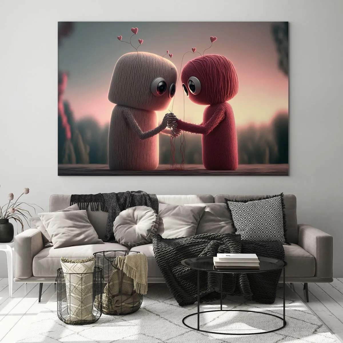 Schilderen op glas - Twee garenfiguren die elkaars hand vasthouden met hartjes - 70x50cm - Iedereen mag liefhebben - Moderne wanddecoratie voor woonkamer en slaapkamer ARTTOR