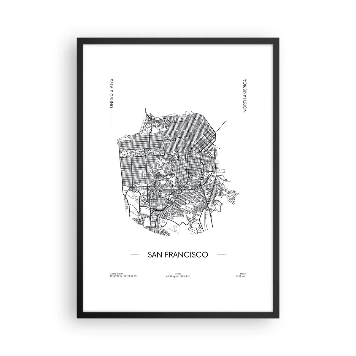 Poster in een zwarte lijst - Een minimalistische kaart van San Francisco in zwart-wit. - 50x70cm - Anatomie van San Francisco - Moderne wanddecoratie voor woonkamer en slaapkamer ARTTOR