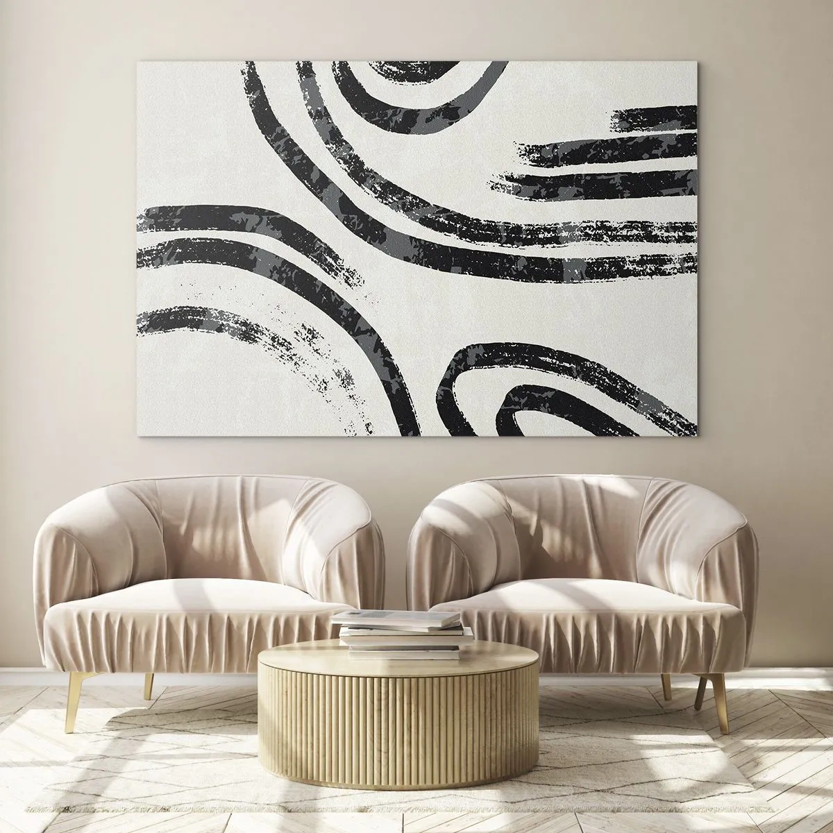 Schilderen op glas - Zwarte halfronde lijnen in een minimalistische abstractie op een lichte achtergrond - 70x50cm - Half gestopt - Moderne wanddecoratie voor woonkamer en slaapkamer ARTTOR