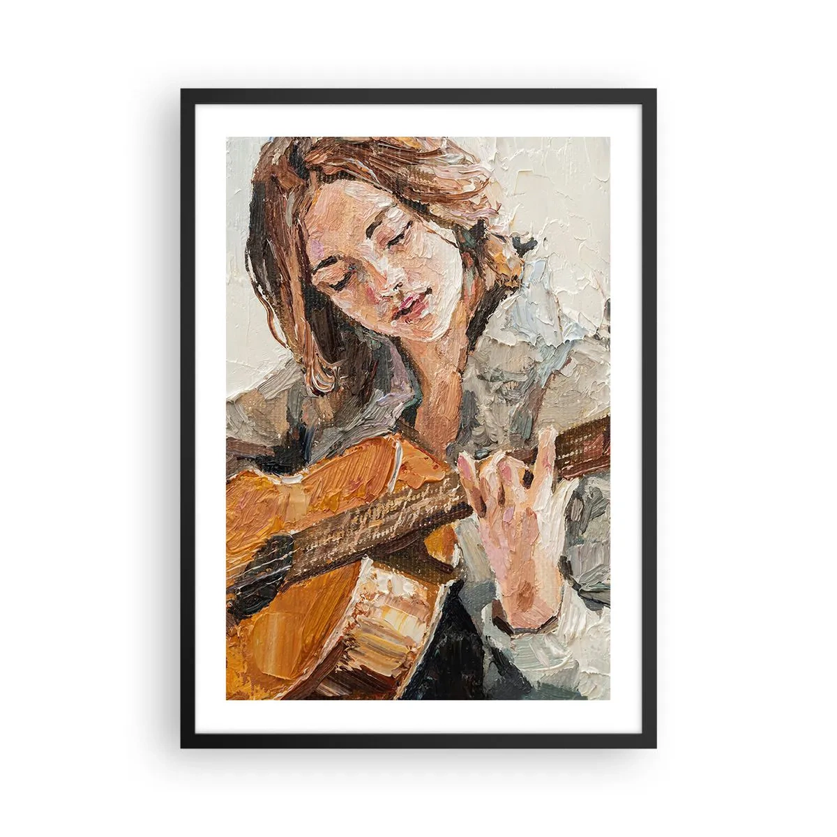 Poster in een zwarte lijst - Portret van een vrouw die gitaar speelt in impasto-stijl - 50x70cm - Concerto voor gitaar en een meisjeshart - Moderne wanddecoratie voor woonkamer en slaapkamer ARTTOR