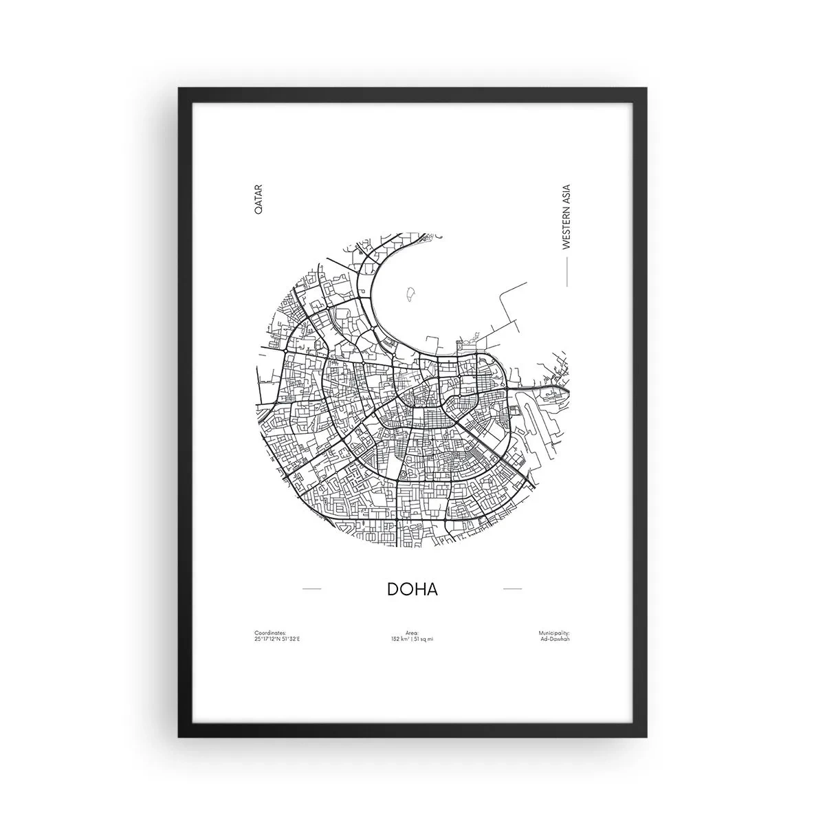 Poster in een zwarte lijst - Een minimalistische zwart-witkaart van Doha - 50x70cm - Anatomie van Doha - Moderne wanddecoratie voor woonkamer en slaapkamer ARTTOR