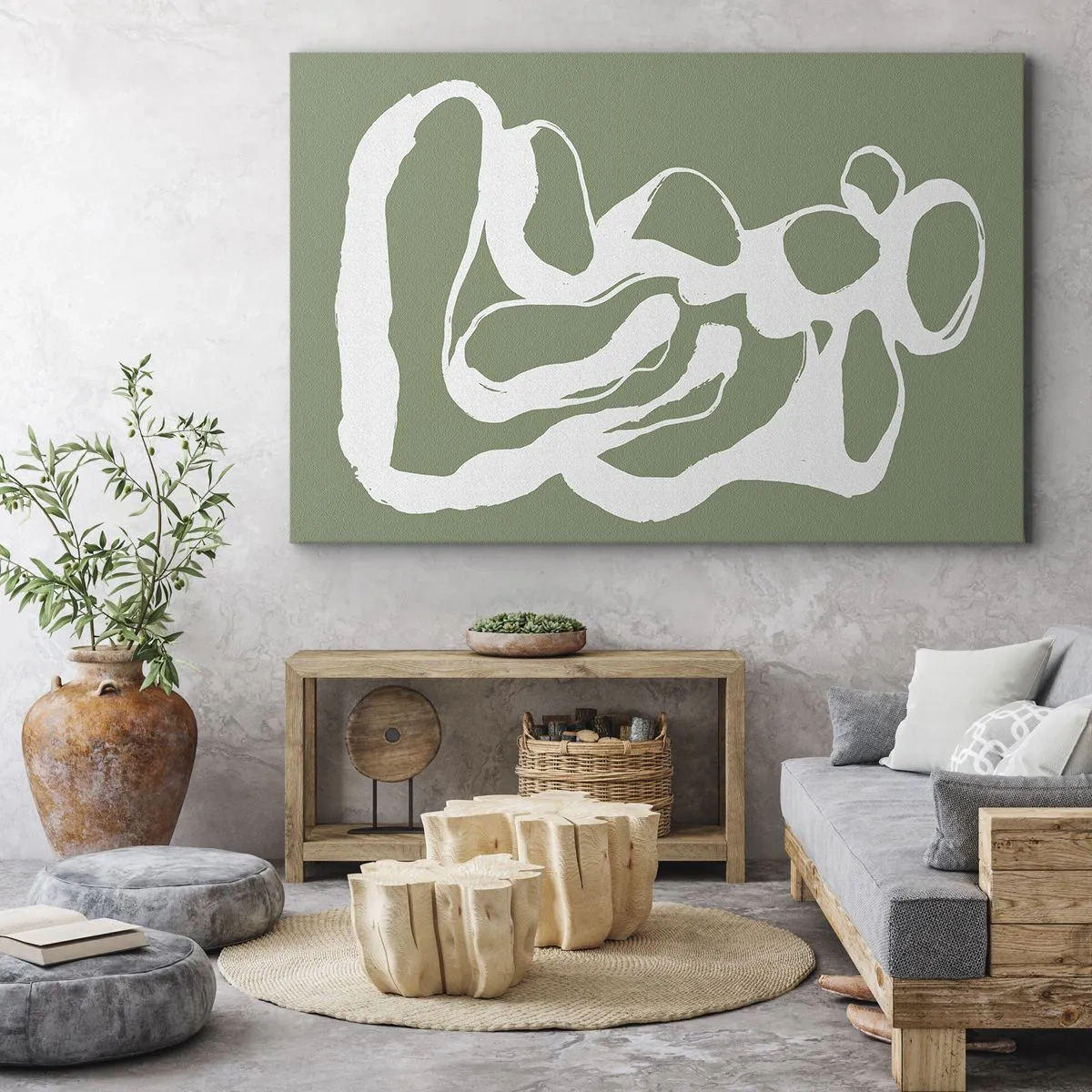 Schilderen op canvas - Organische vormen in het wit op een groene achtergrond - 70x50cm - De roep van de ruimte - Moderne wanddecoratie voor woonkamer en slaapkamer ARTTOR