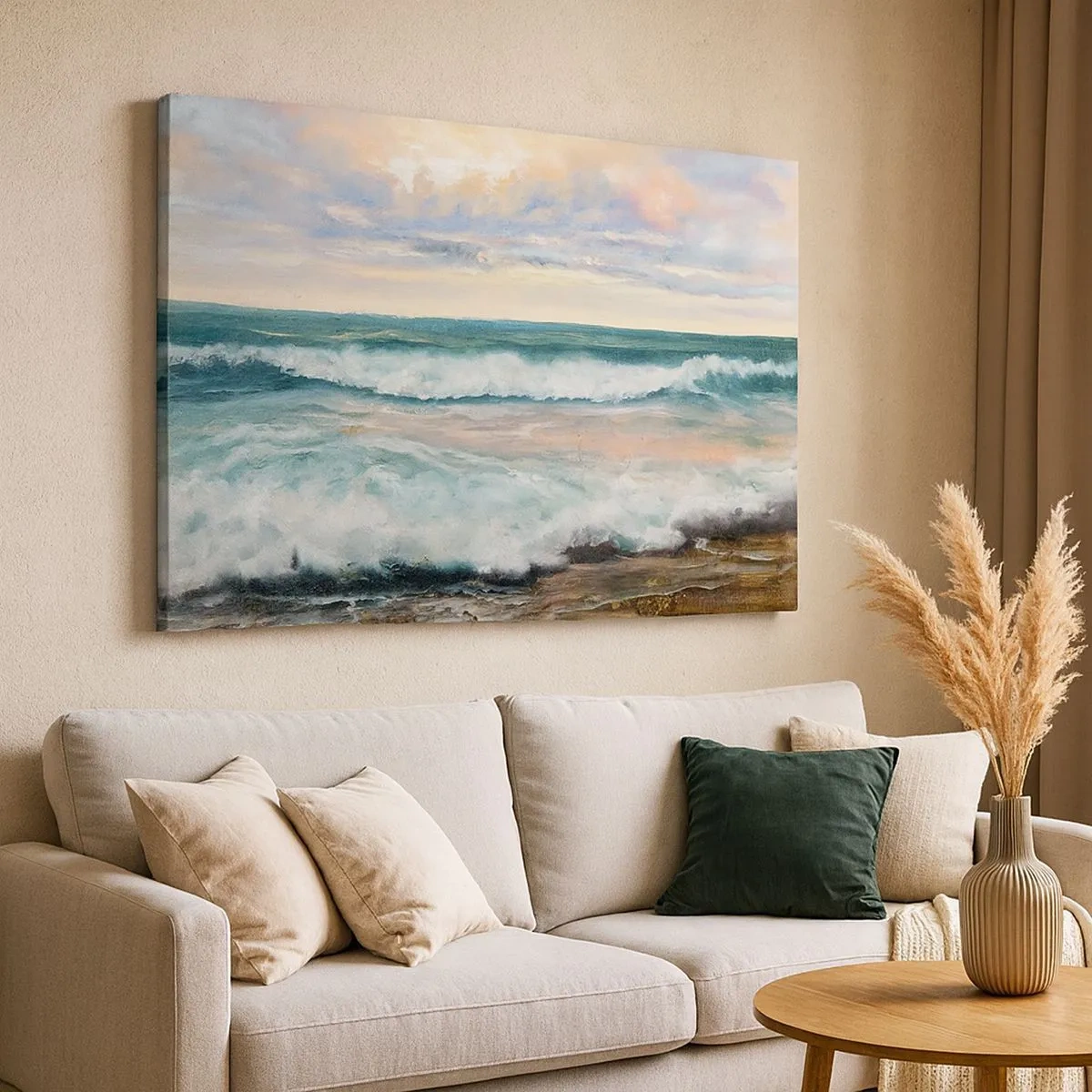 Schilderen op canvas - Zeegolven tegen een bewolkte lucht bij zonsondergang - 70x50cm - Hier maak je je ziel glad - Moderne wanddecoratie voor woonkamer en slaapkamer ARTTOR