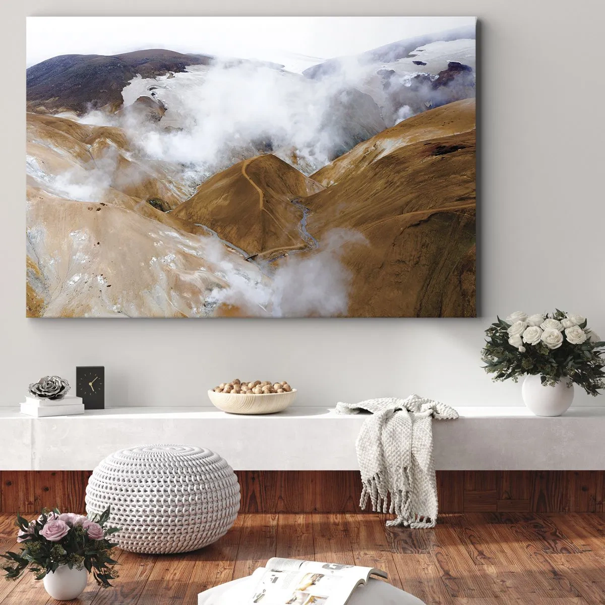 Schilderen op canvas - Een berglandschap met stoom in een ruw klimaat - 70x50cm - De rauwe schoonheid van IJsland - Moderne wanddecoratie voor woonkamer en slaapkamer ARTTOR