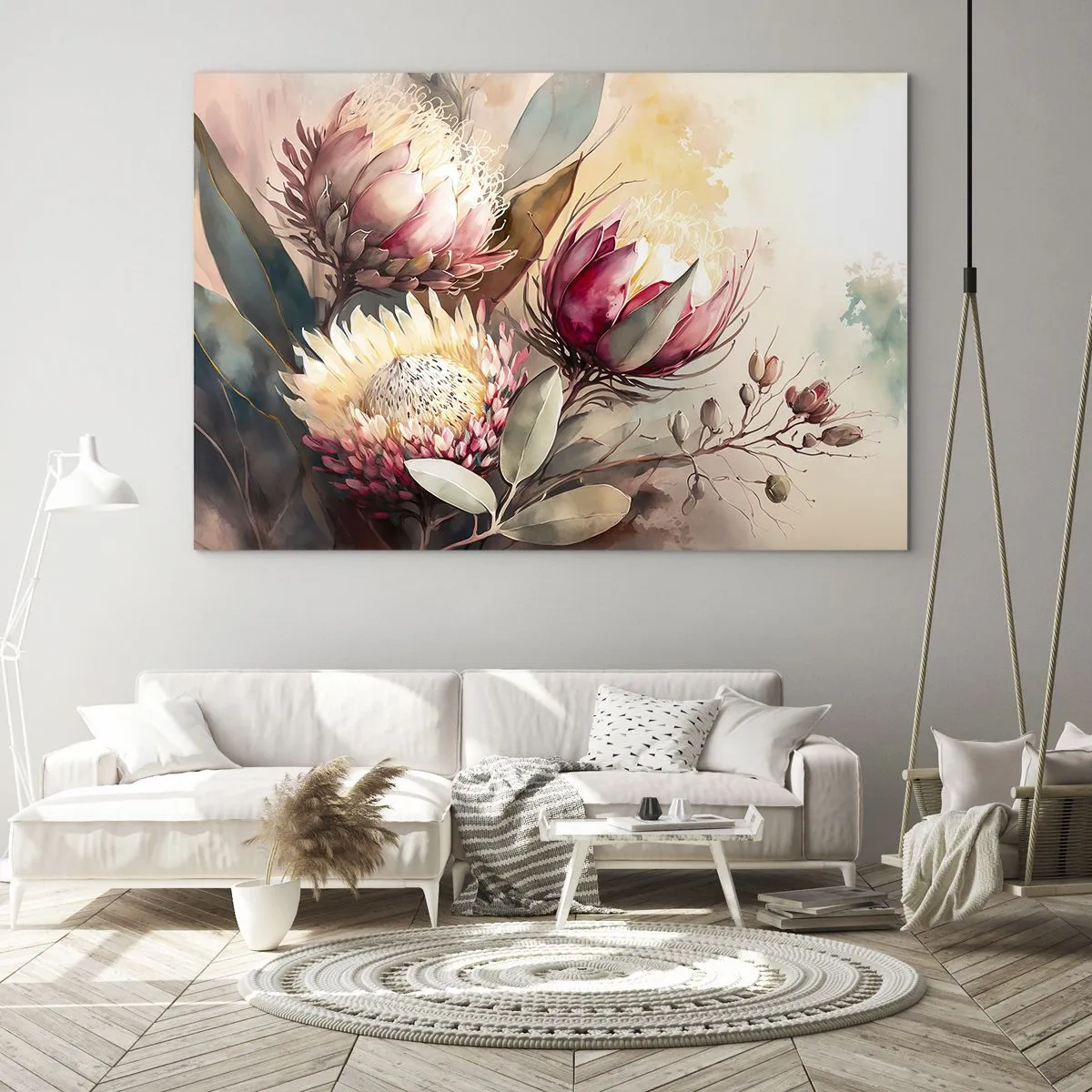 Schilderen op glas - Protea-bloemen in pastelkleuren op een artistieke achtergrond - 70x50cm - In profiel en en face - Moderne wanddecoratie voor woonkamer en slaapkamer ARTTOR