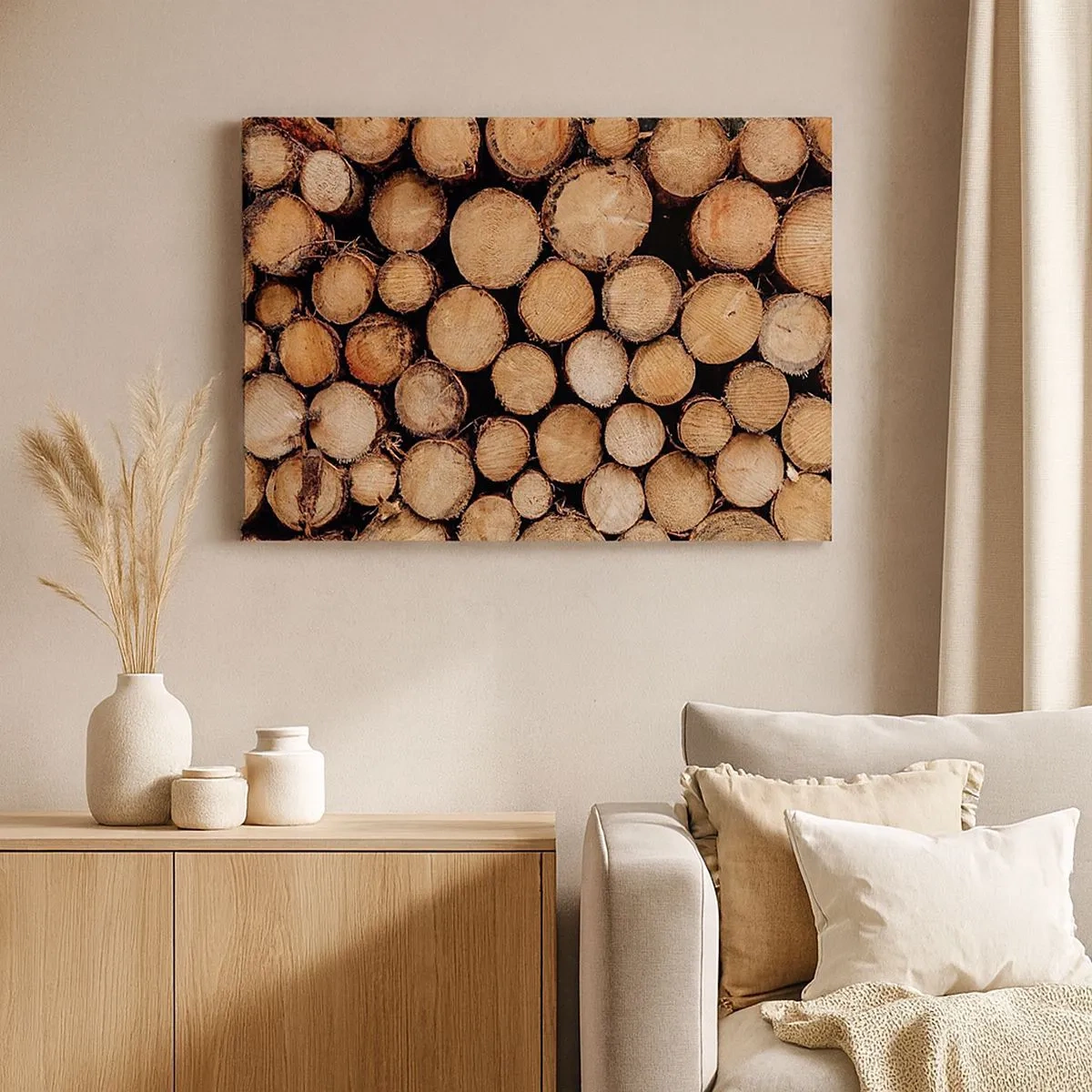 Schilderen op canvas - Stapels gekapte boomstammen, in harmonie gerangschikt - 70x50cm - Een nieuw begin - Moderne wanddecoratie voor woonkamer en slaapkamer ARTTOR