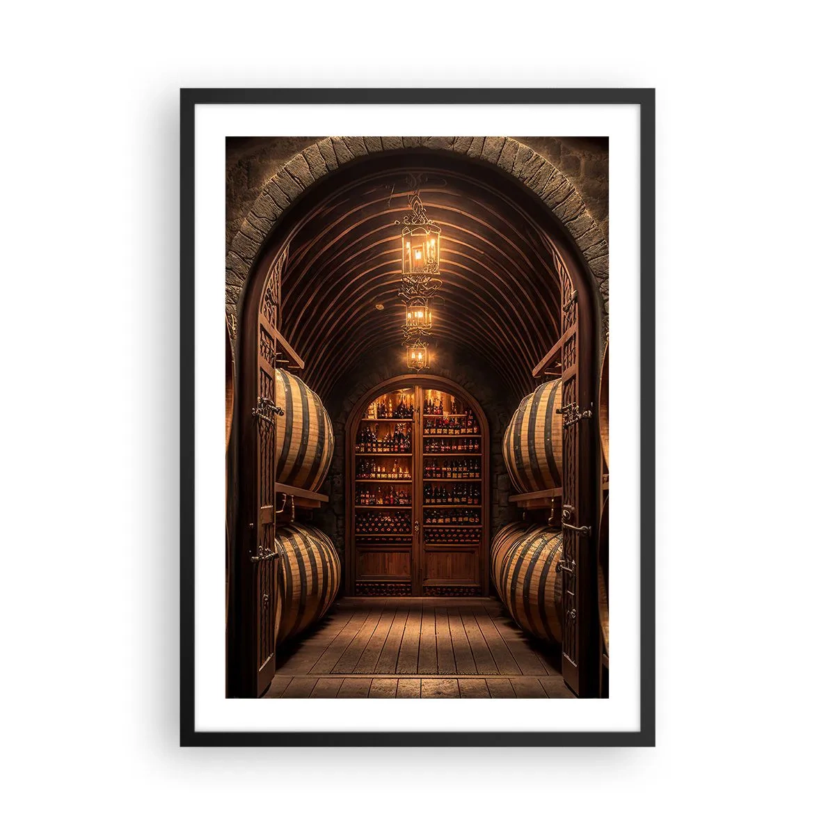 Poster in een zwarte lijst - Elegante wijnkelder met houten vaten - 50x70cm - Sfeervolle kelder - Moderne wanddecoratie voor woonkamer en slaapkamer ARTTOR