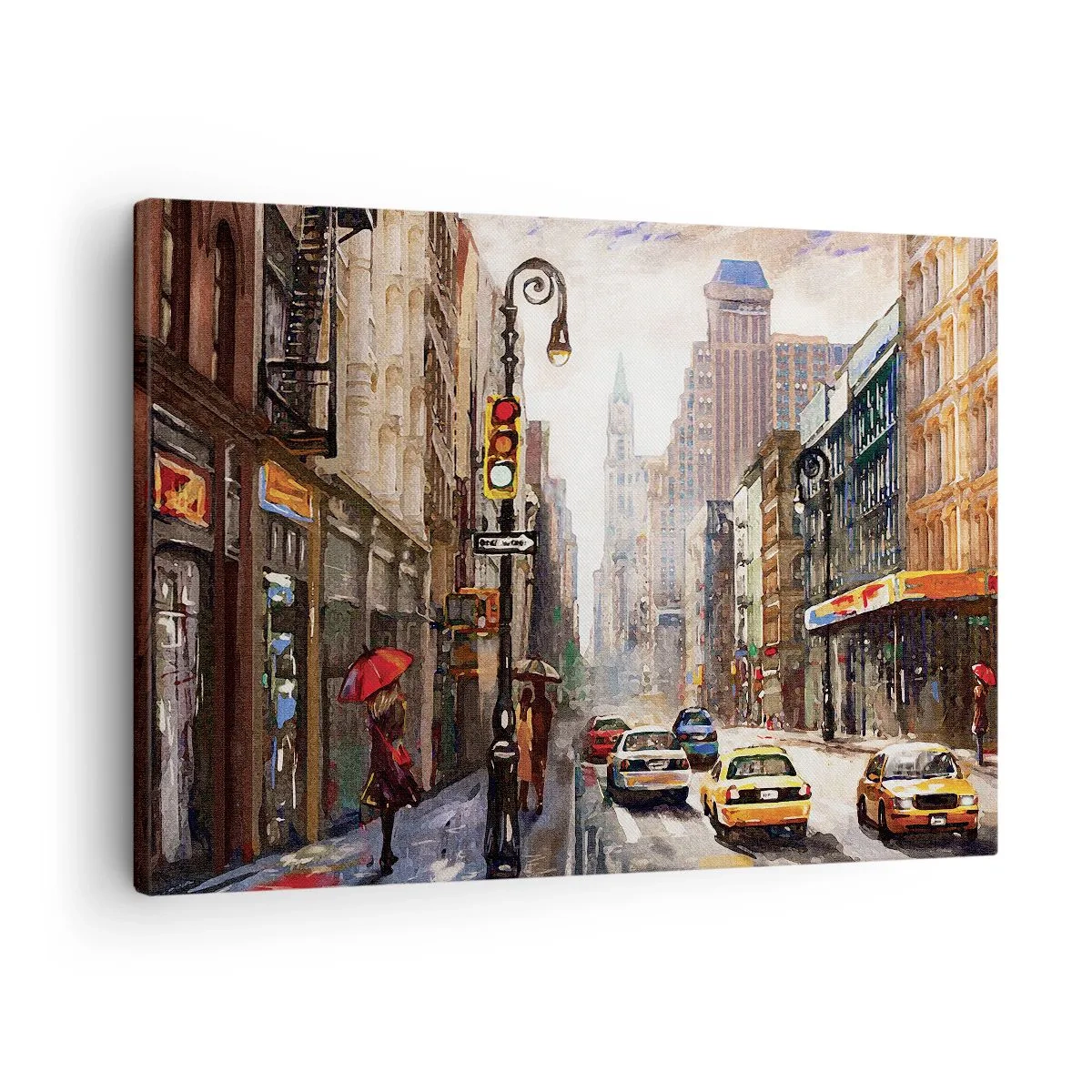 Schilderen op canvas - Stadsgezicht met een straat en gele taxi's - 70x50cm - New York - ook kleurrijk in de regen - Moderne wanddecoratie voor woonkamer en slaapkamer ARTTOR