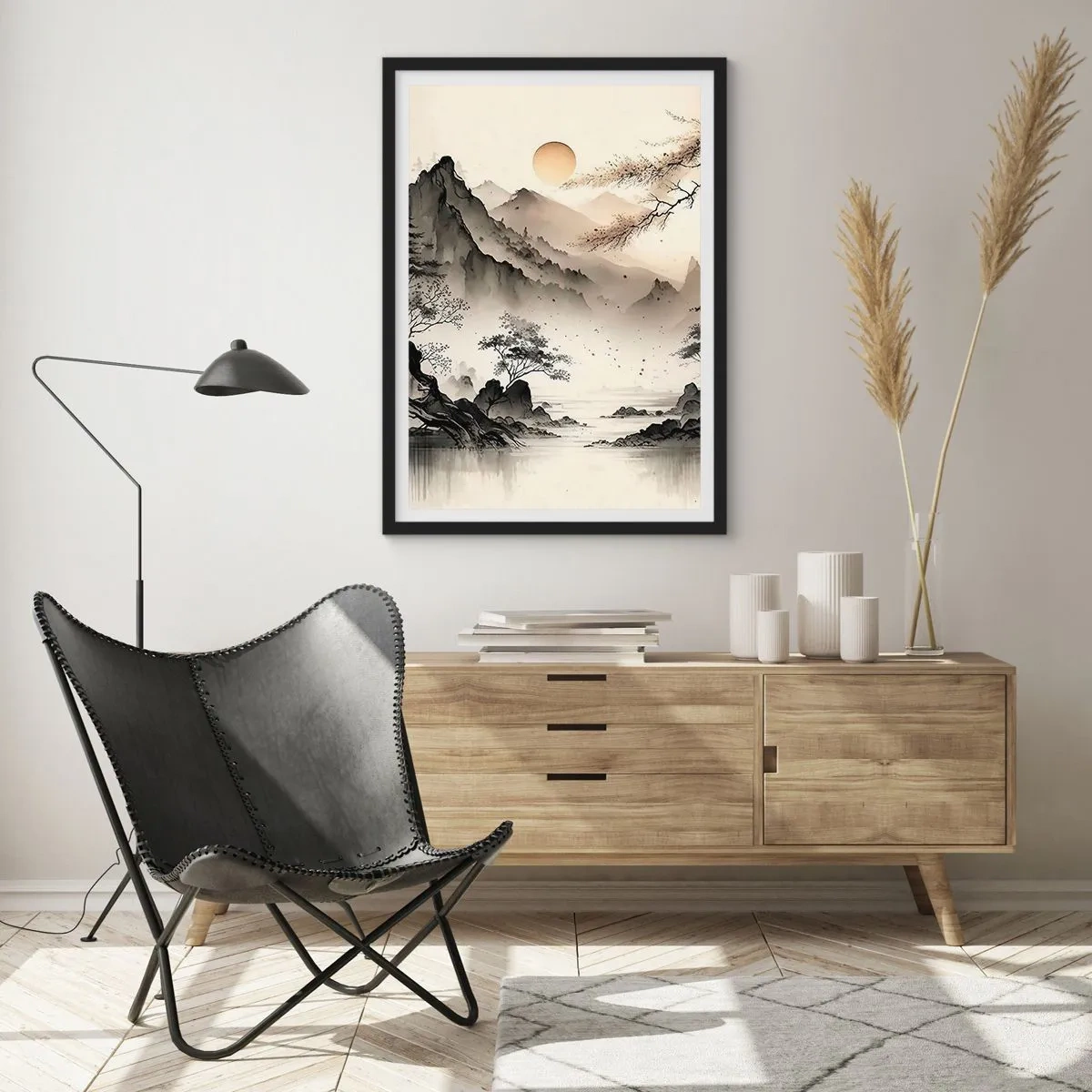 Poster in een zwarte lijst - Een minimalistisch Japans berglandschap - 50x70cm - De unieke charme van het Oosten - Moderne wanddecoratie voor woonkamer en slaapkamer ARTTOR