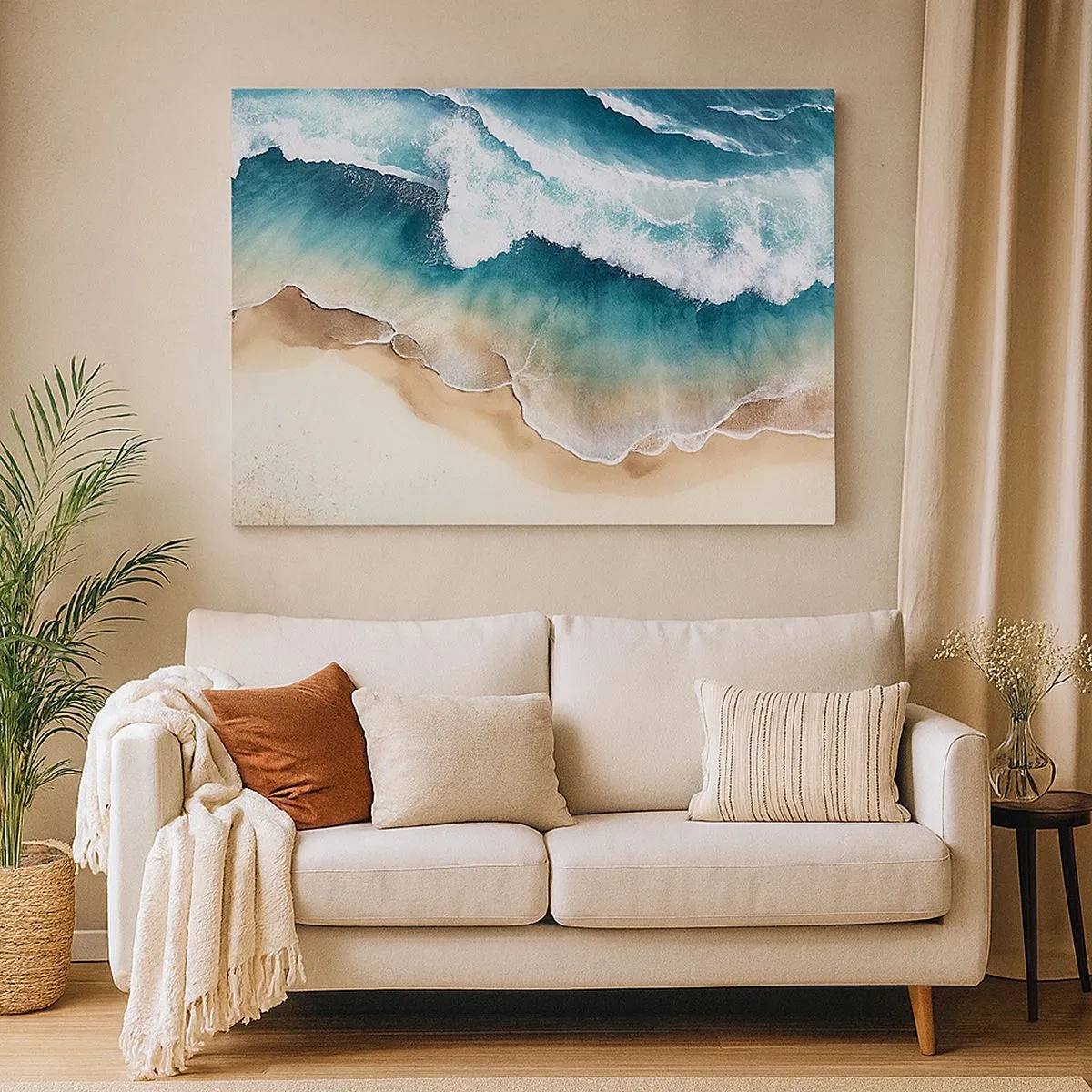 Schilderen op canvas - Uitzicht op het strand en de zeegolven in turquoise tinten - 70x50cm - De eeuwige ontmoeting - Moderne wanddecoratie voor woonkamer en slaapkamer ARTTOR