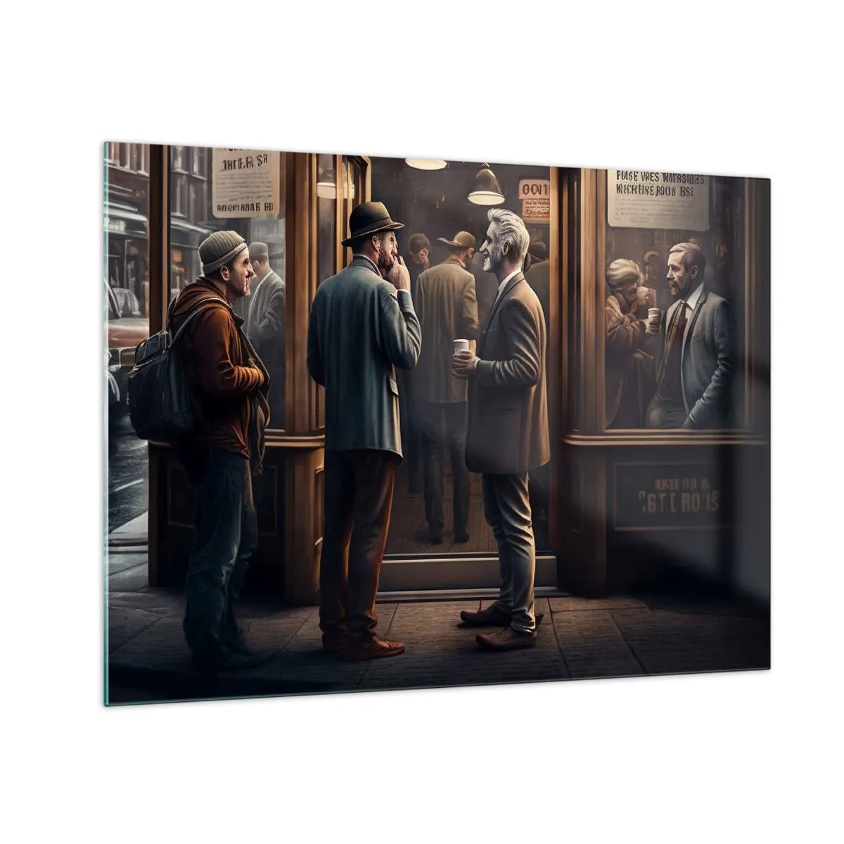 Schilderen op glas - Mannen kletsen buiten een café in een retro-stedelijke omgeving - 70x50cm - Een goed moment van de dag - Moderne wanddecoratie voor woonkamer en slaapkamer ARTTOR