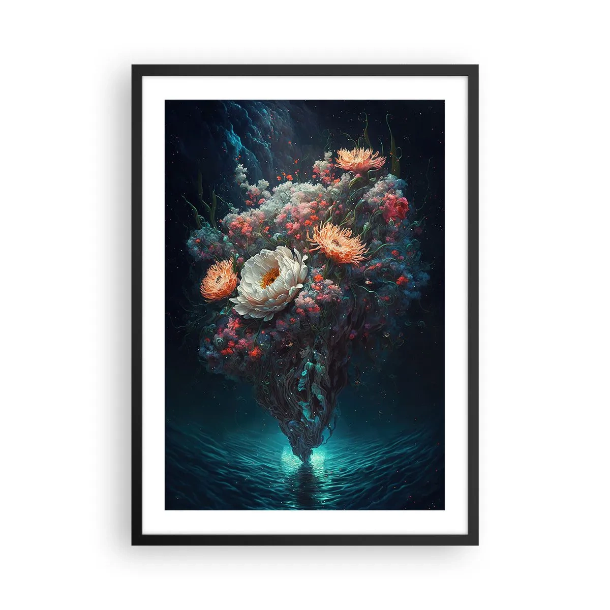 Poster in een zwarte lijst - Een magisch arrangement van bloemen die boven het water zweven - 50x70cm - Een vreemde tuin - Moderne wanddecoratie voor woonkamer en slaapkamer ARTTOR